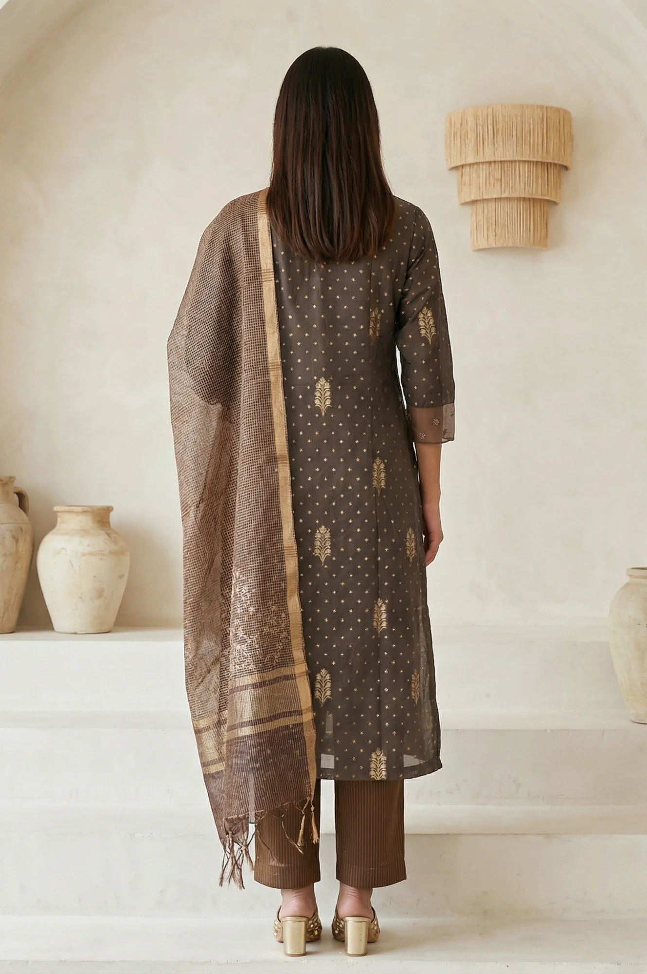 Brown Embroidered Jacquard Straight Kurta with Pants and Dupatta Set - Image 4