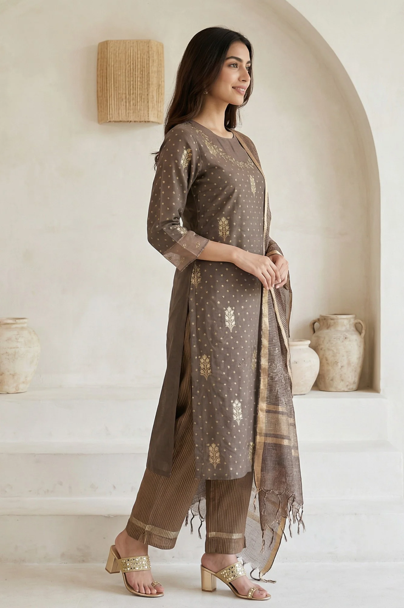 Brown Embroidered Jacquard Straight Kurta with Pants and Dupatta Set - Image 5