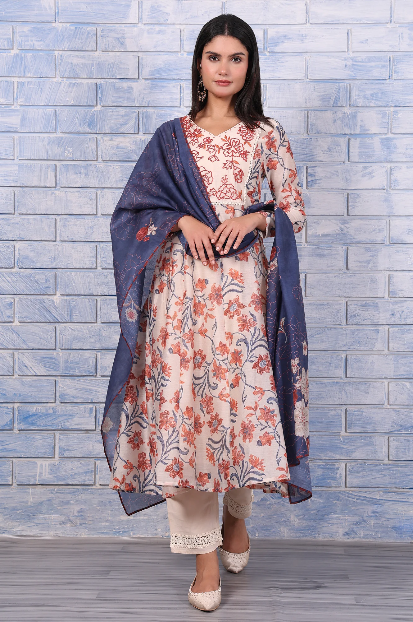 Brown Floral Printed Beads Chanderi Flared Kurta, Straight Pant And Dupatta Set - Image 2