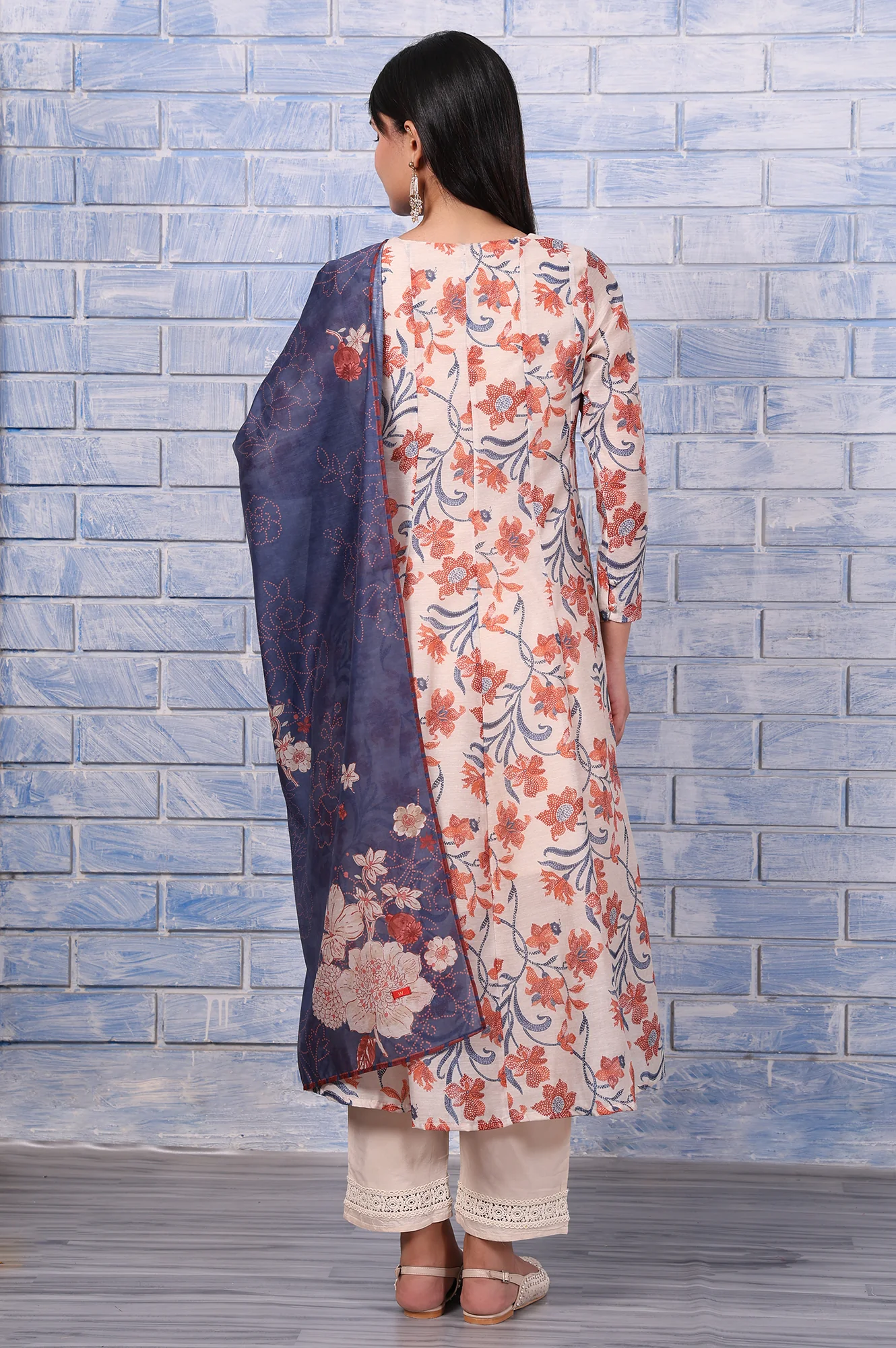 Brown Floral Printed Beads Chanderi Flared Kurta, Straight Pant And Dupatta Set - Image 5