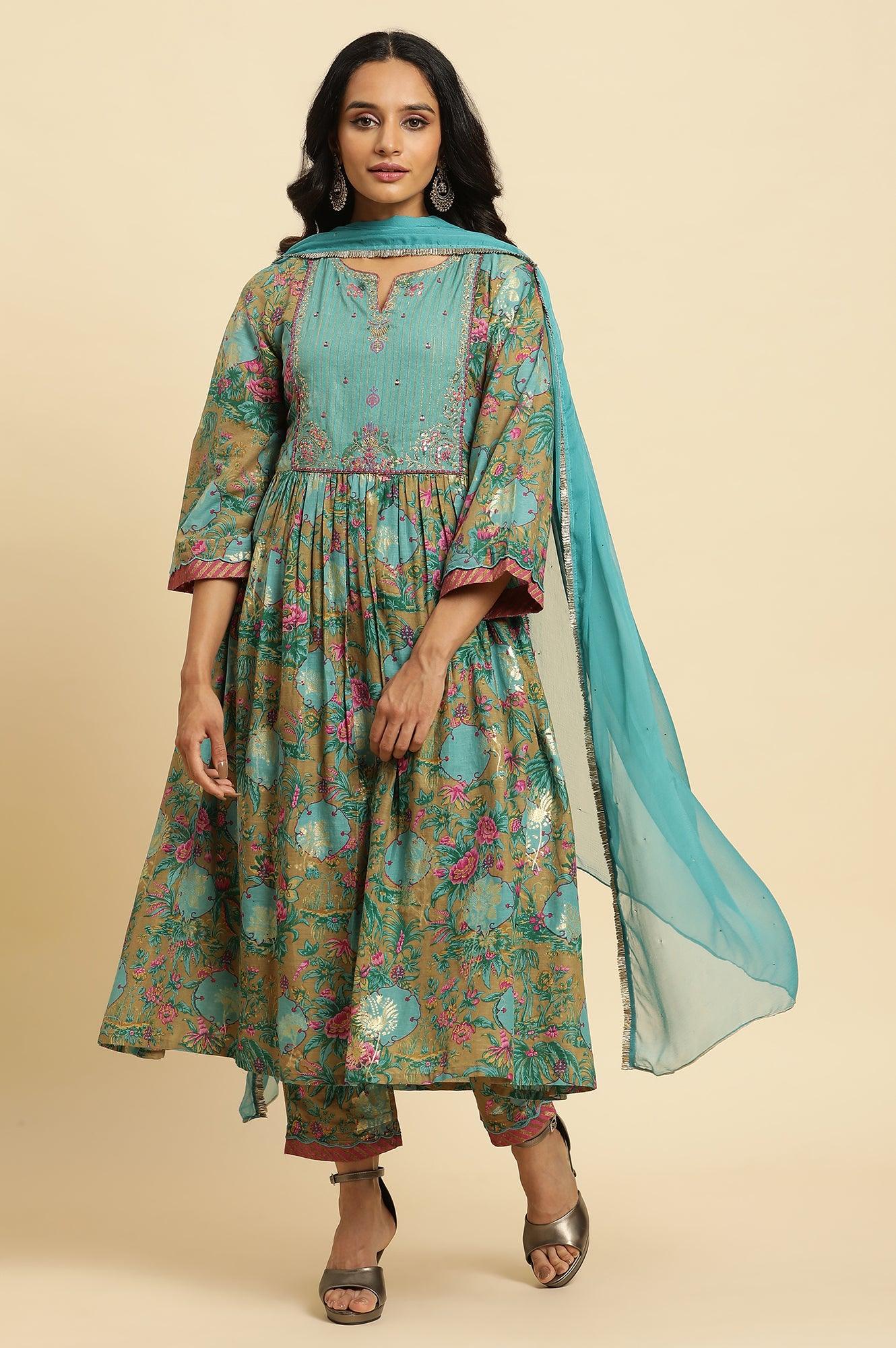 Brown Floral Printed Kurta, Pant And Dupatta Set - Image 2