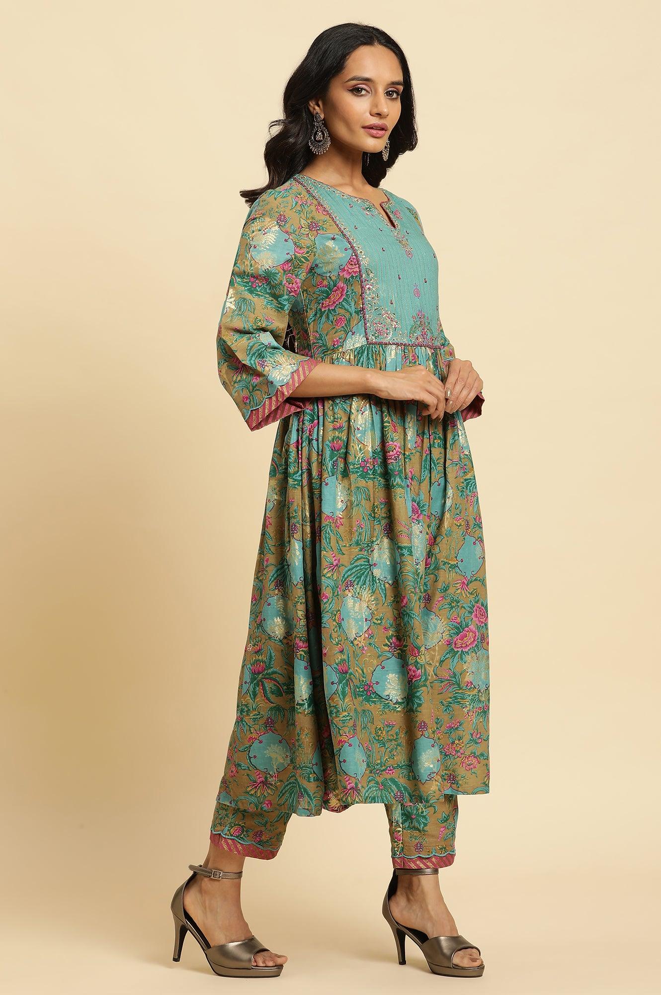 Brown Floral Printed Kurta, Pant And Dupatta Set - Image 3