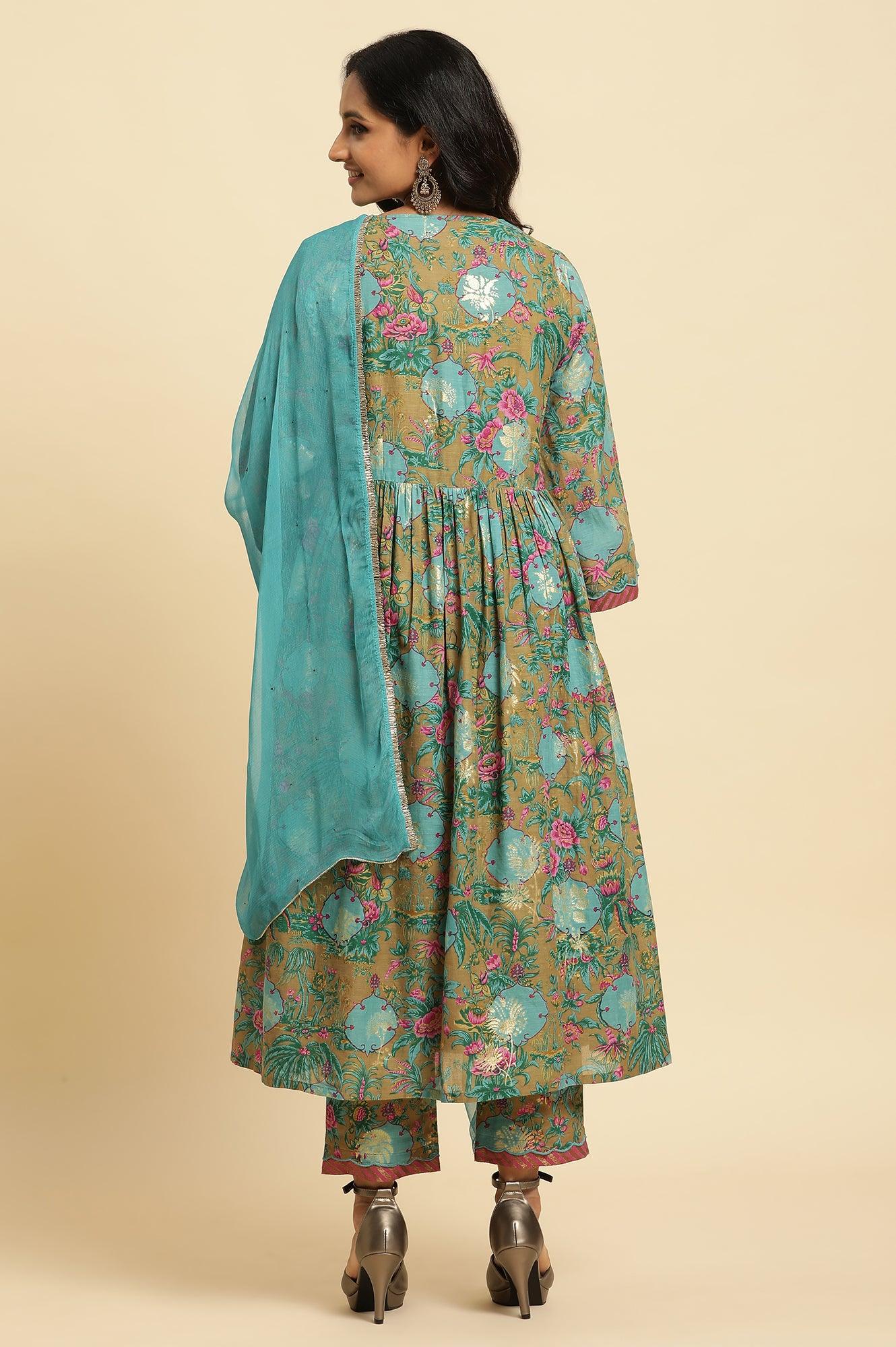 Brown Floral Printed Kurta, Pant And Dupatta Set - Image 4