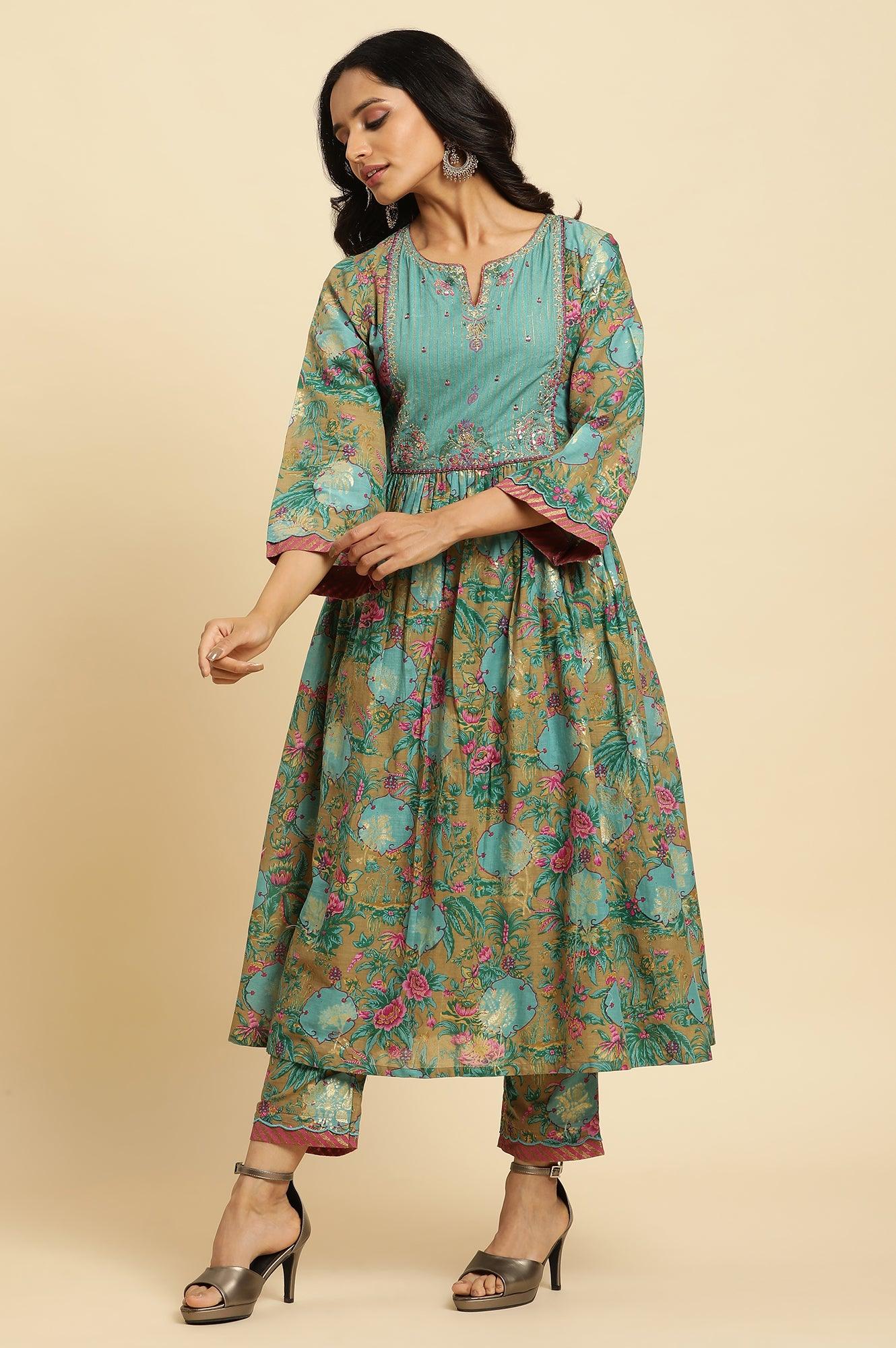 Brown Floral Printed Kurta, Pant And Dupatta Set - Image 5