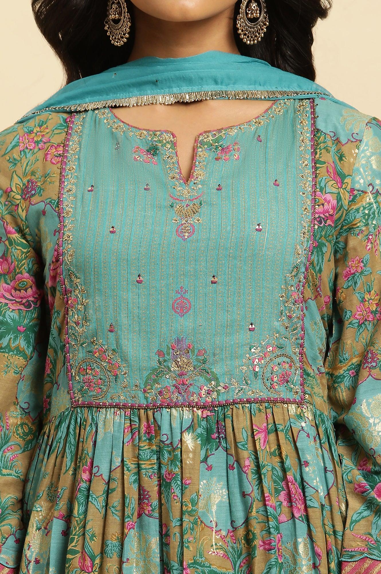 Brown Floral Printed Kurta, Pant And Dupatta Set - Image 6