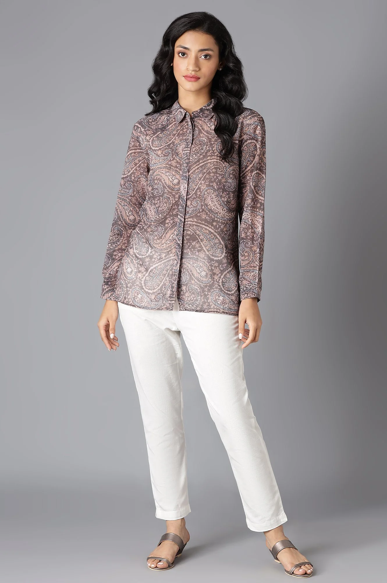 Brown Paisley Print Georgette Shirt - Image 5