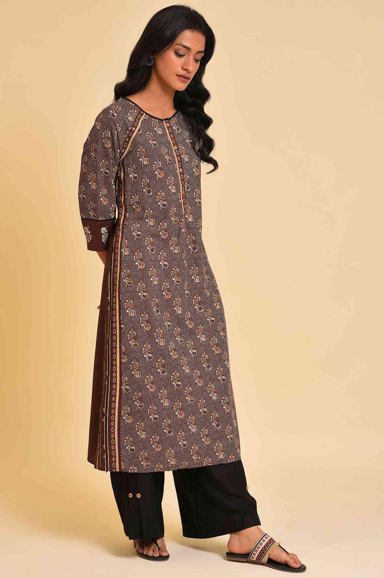 Brown Print Mix Plus Size Straight kurta - Image 4