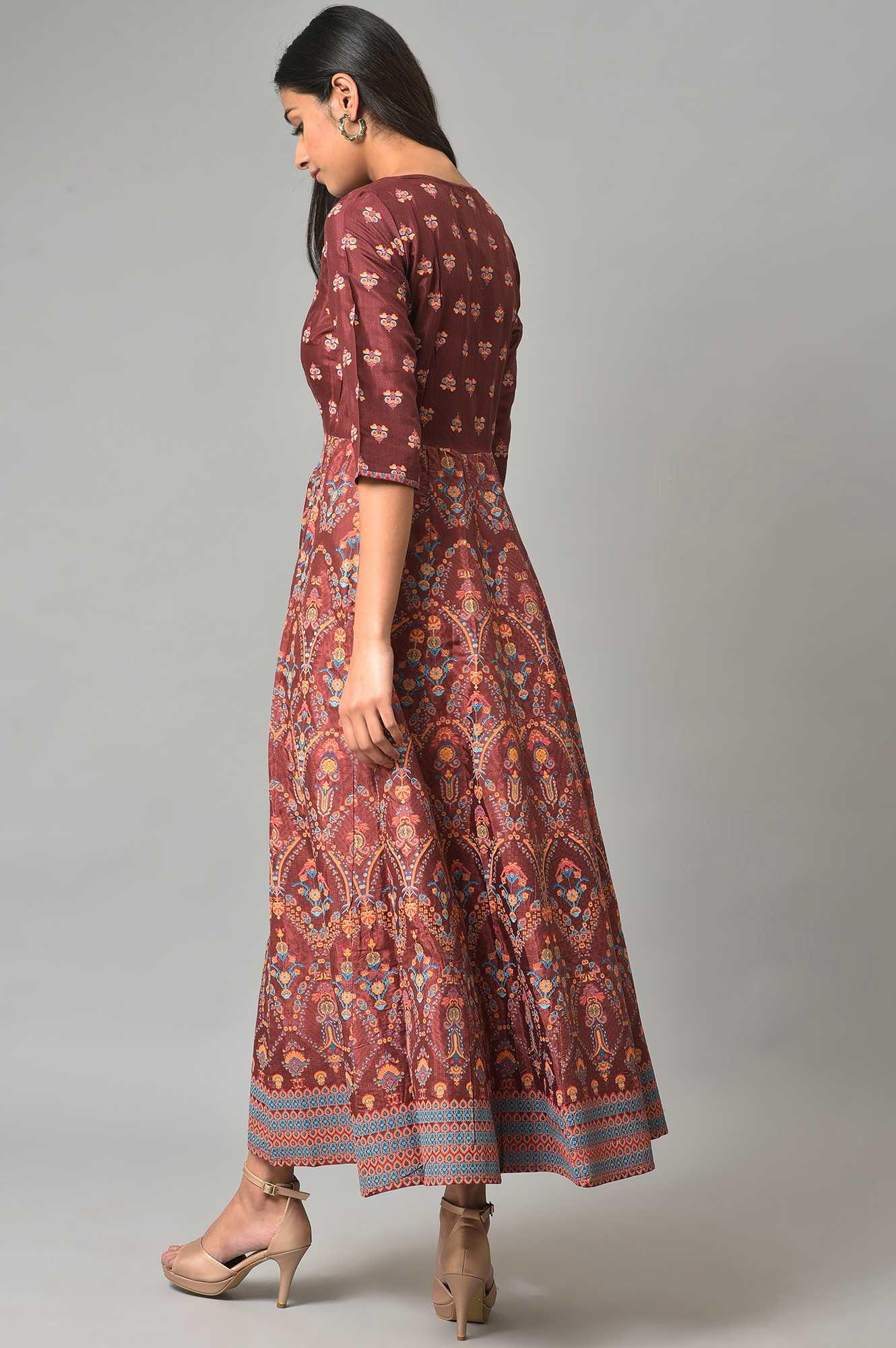 Brown Printed And Embroidered Panelled Festive Plus Size Dress - Image 2