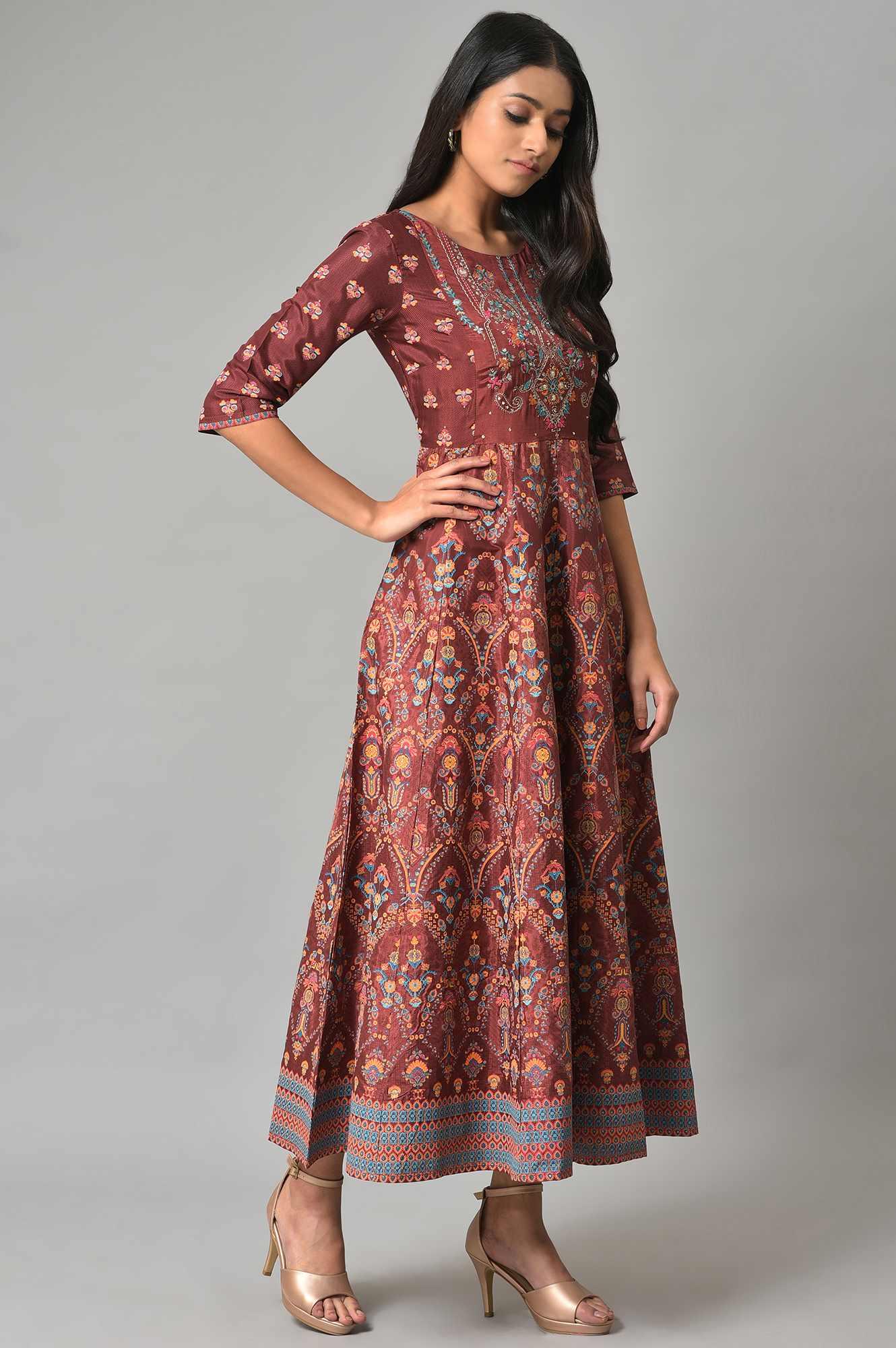 Brown Printed And Embroidered Panelled Festive Plus Size Dress - Image 4