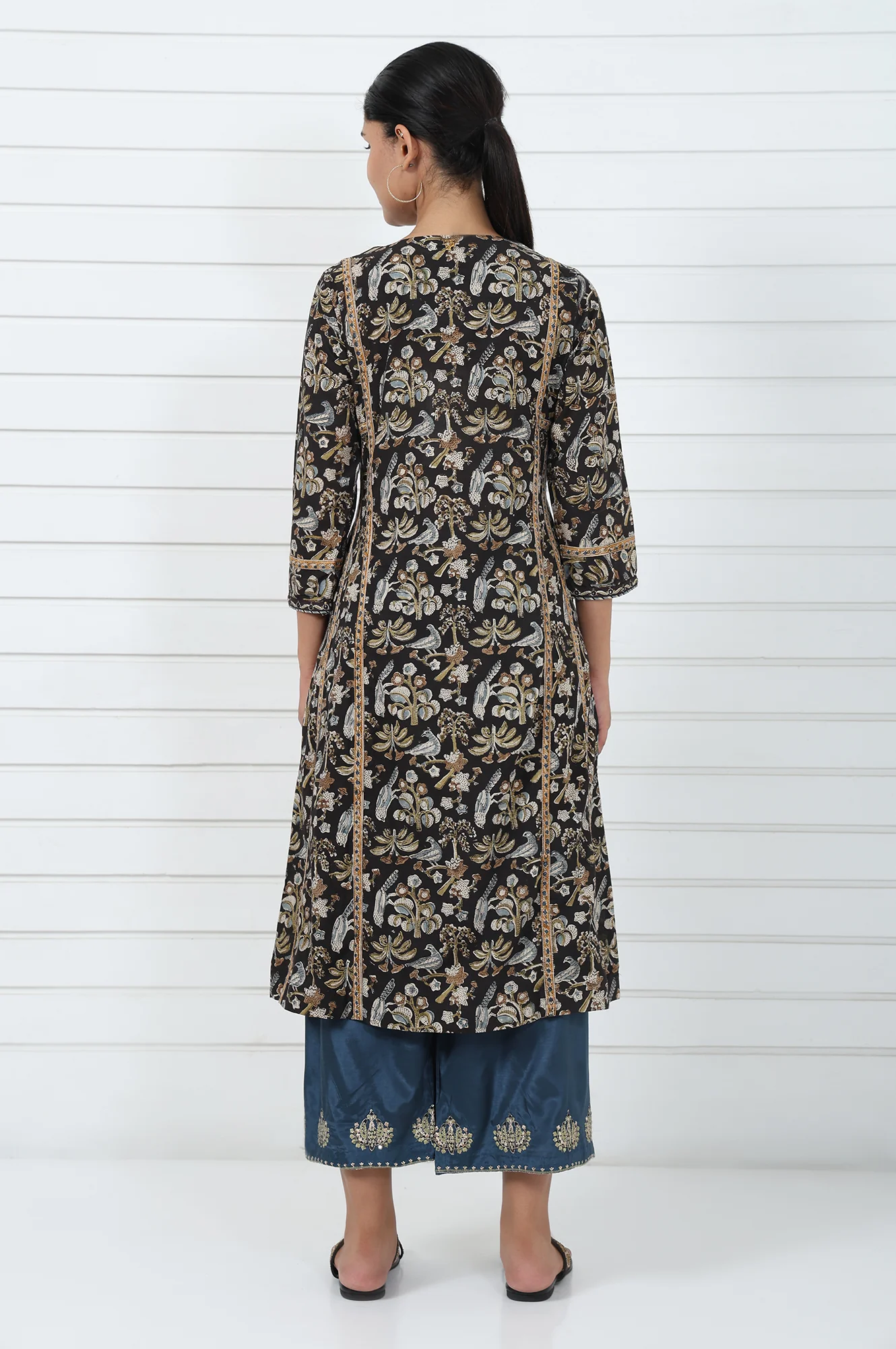Brown Printed Printed Mirror Work Pure Cotton Flared Kurta - Image 5