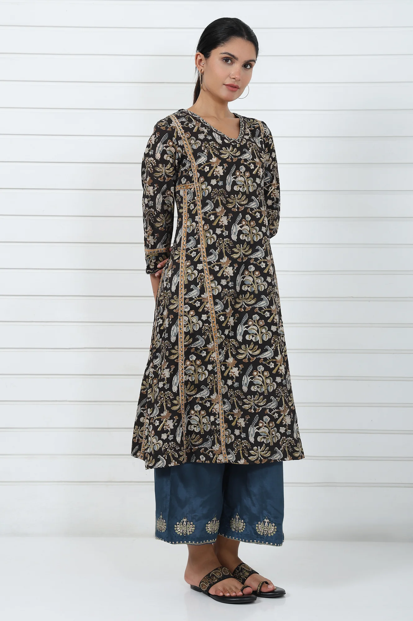 Brown Printed Printed Mirror Work Pure Cotton Flared Kurta - Image 6