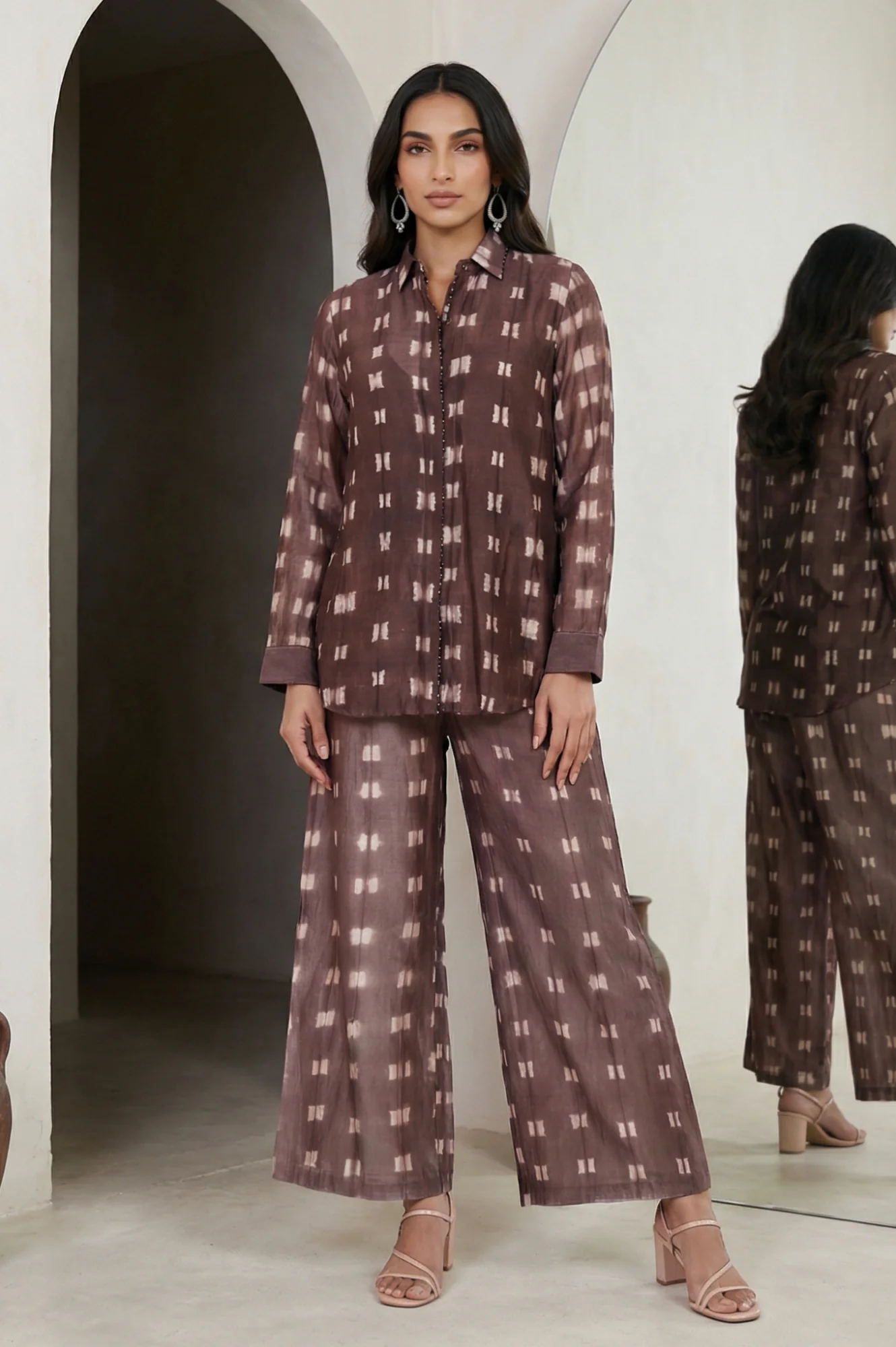 Brown Shibori Printed Cotton Blend Straight Top with Parallel Pants Co-ord Set