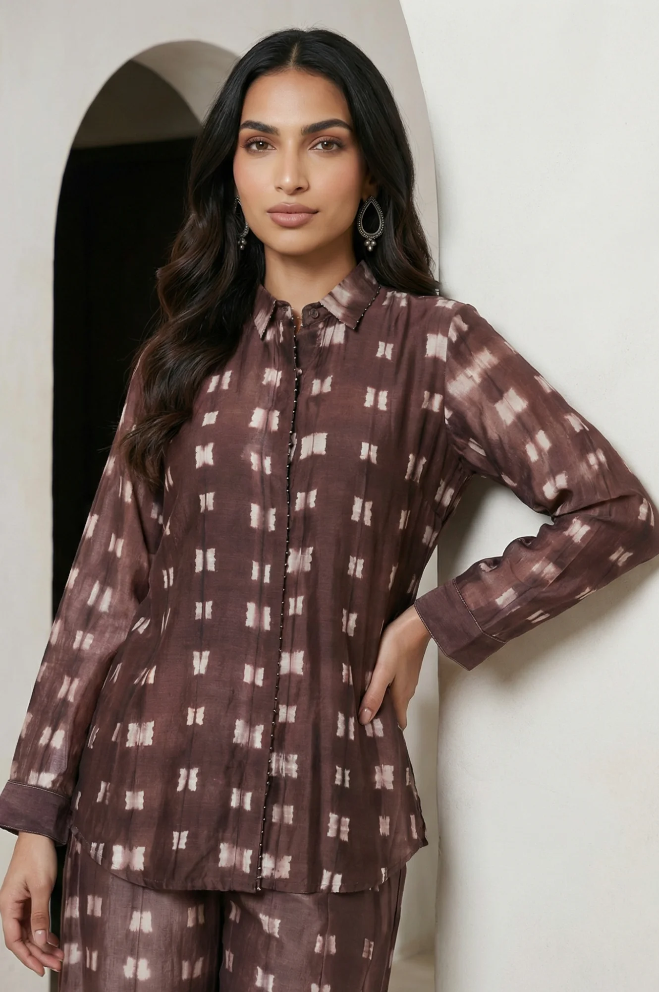 Brown Shibori Printed Cotton Blend Straight Top with Parallel Pants Co-ord Set - Image 3