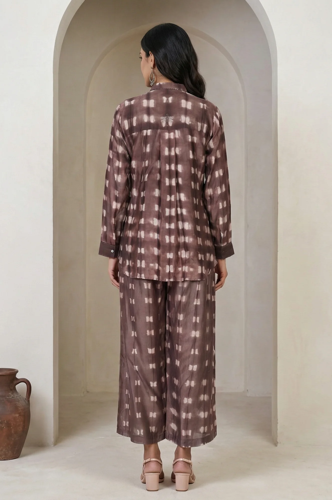 Brown Shibori Printed Cotton Blend Straight Top with Parallel Pants Co-ord Set - Image 5