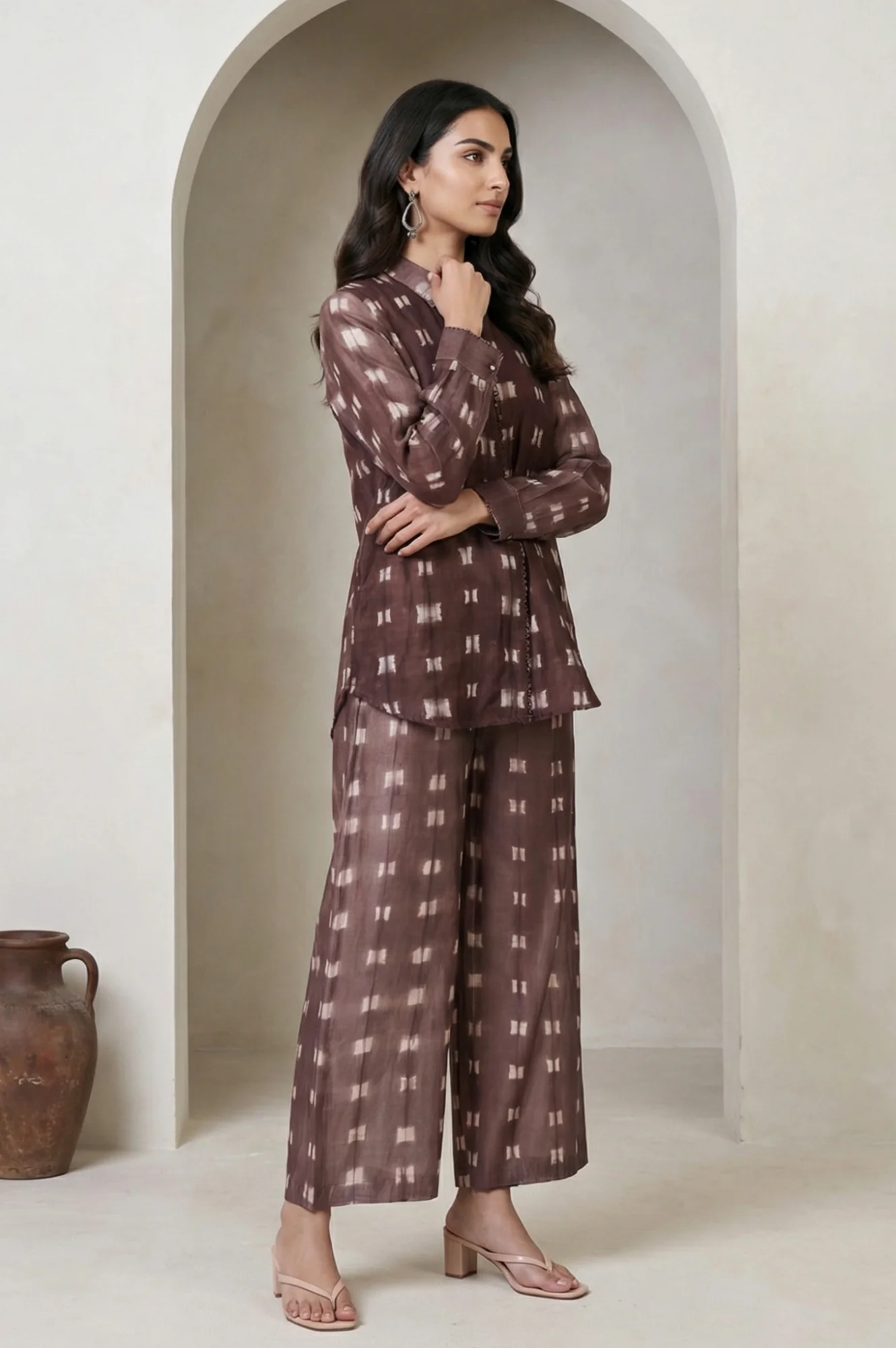 Brown Shibori Printed Cotton Blend Straight Top with Parallel Pants Co-ord Set - Image 6