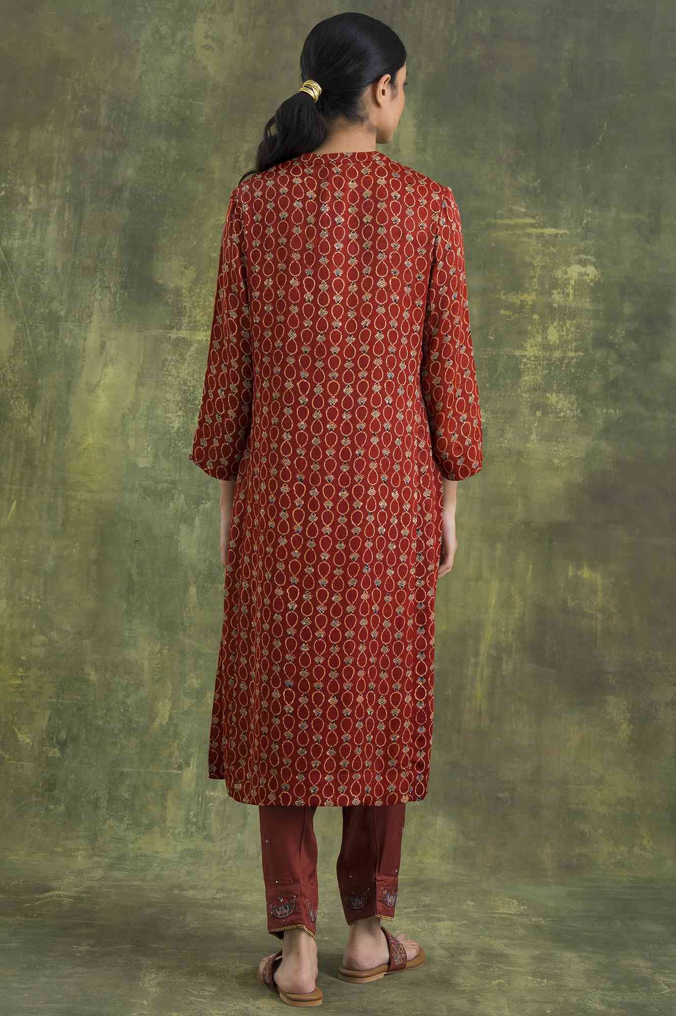 Brown Shirtdress In Ajrakh Print - Image 2