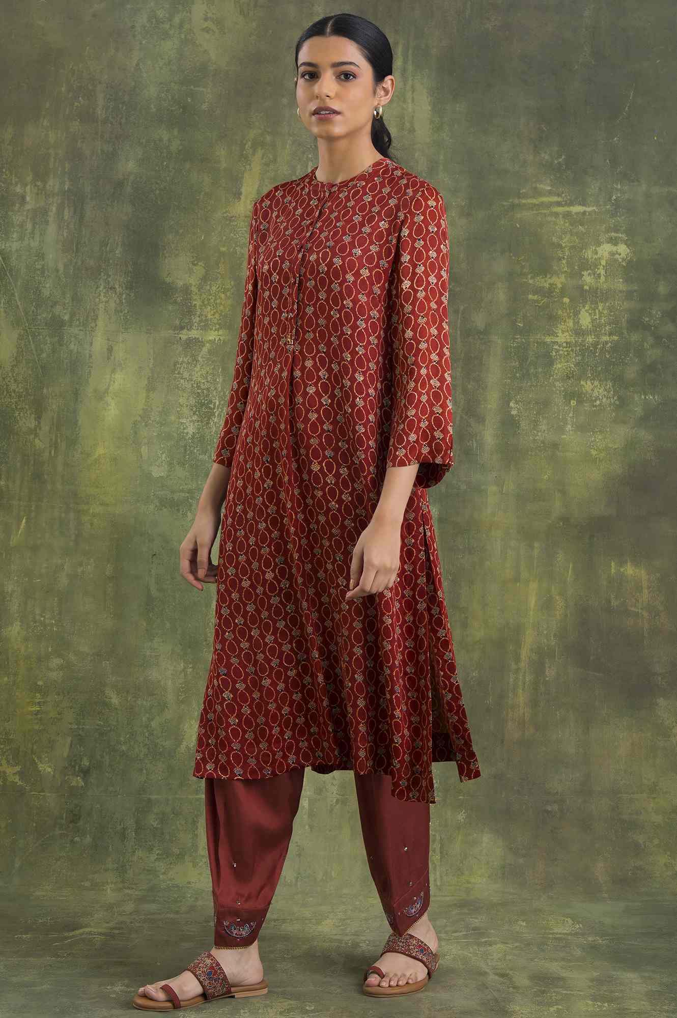 Brown Shirtdress In Ajrakh Print - Image 3