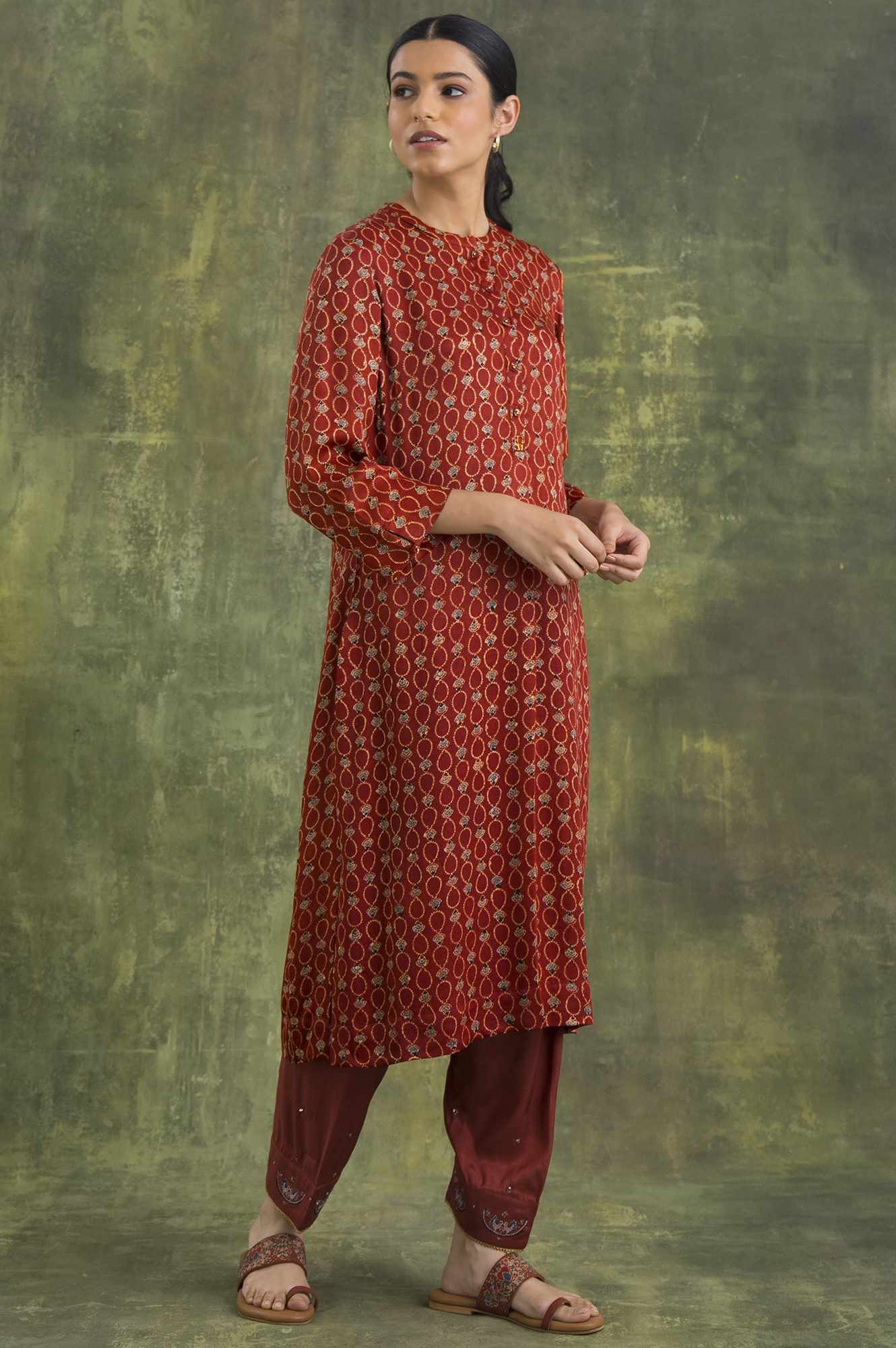 Brown Shirtdress In Ajrakh Print - Image 4