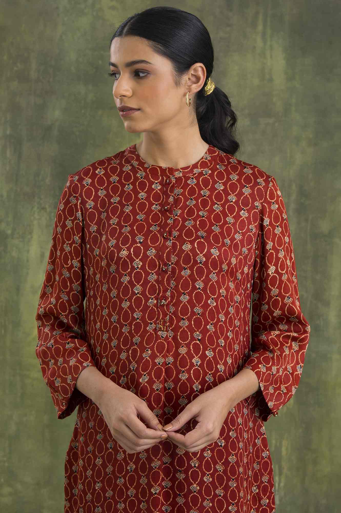 Brown Shirtdress In Ajrakh Print - Image 5