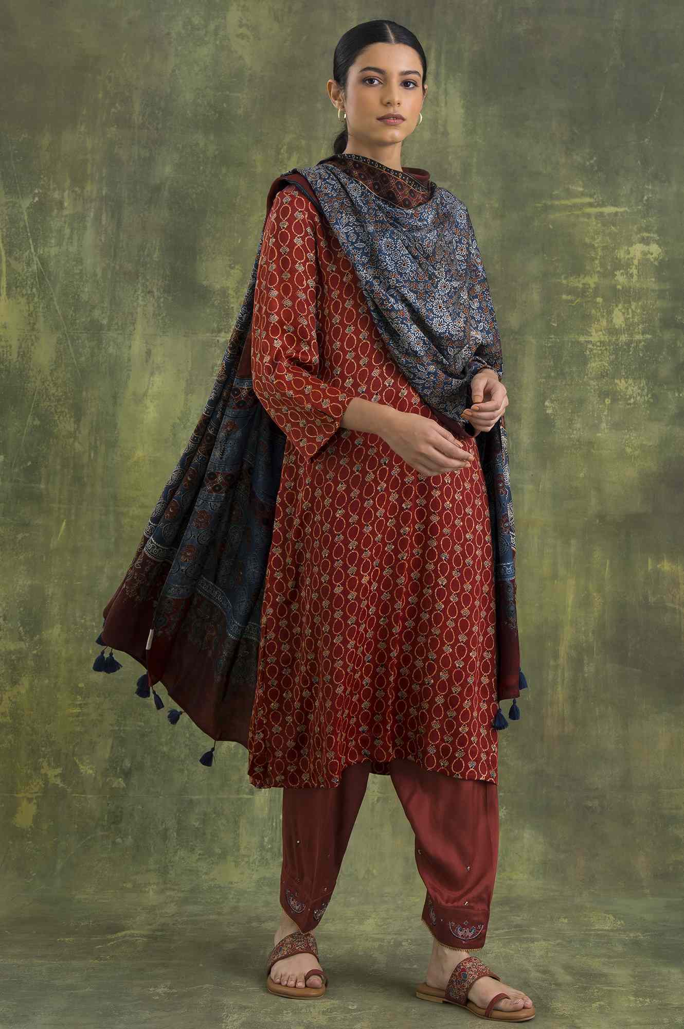 Brown Shirtdress In Ajrakh Print - Image 7