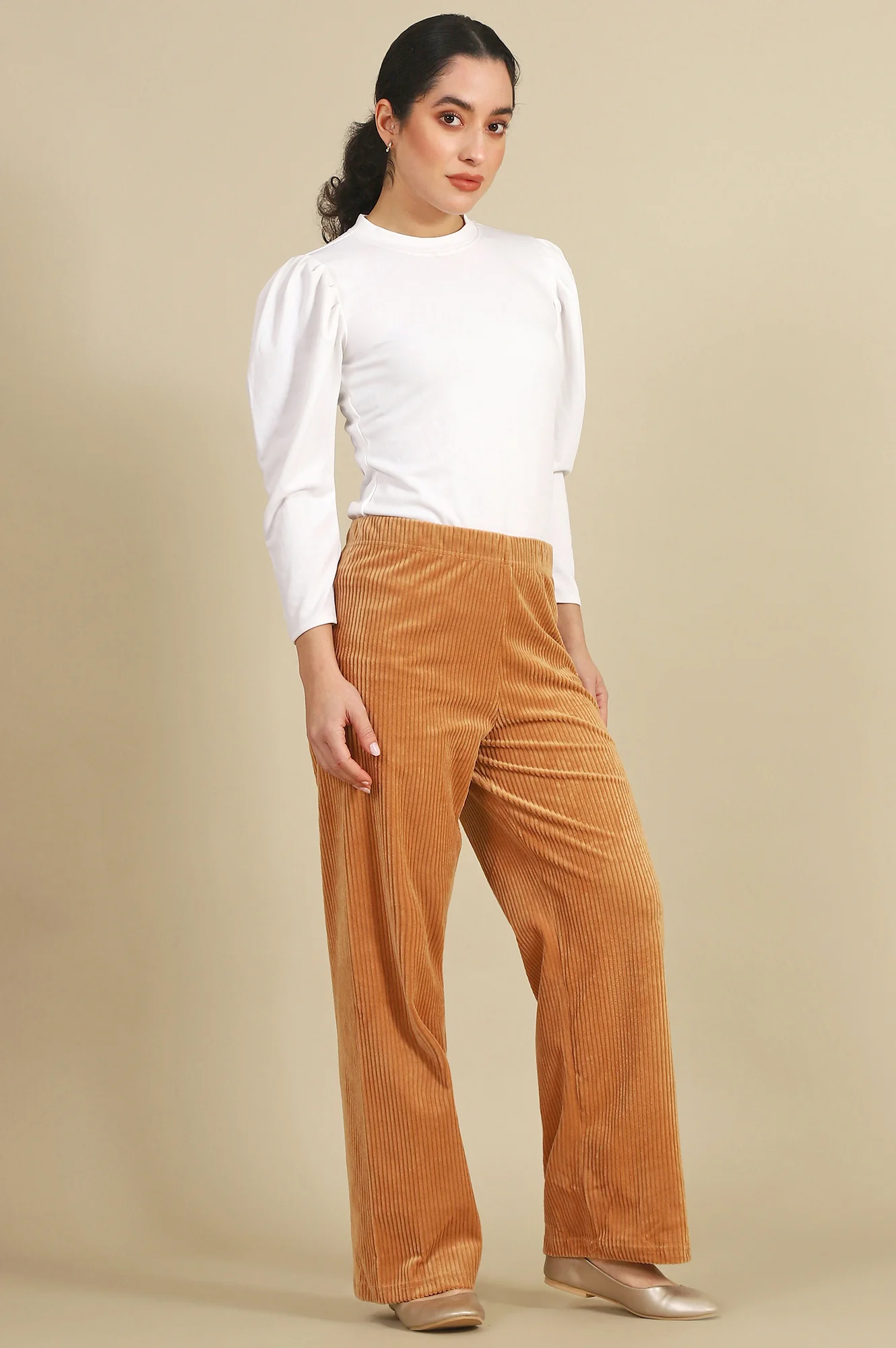 Elleven Women's Brown Solid Straight Fit Cotton Pants With Elasticated Waist