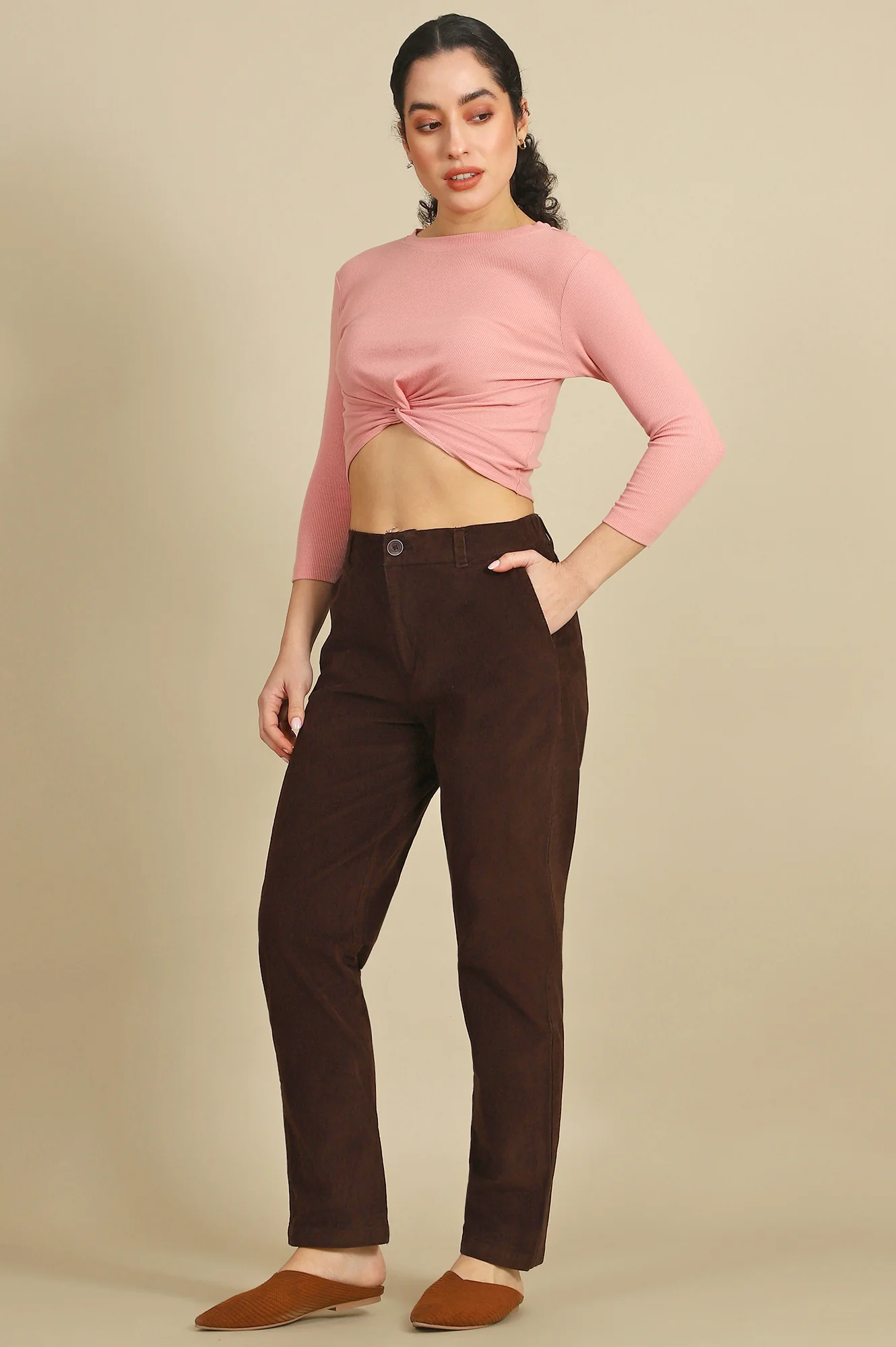 Elleven Women's Brown Solid Straight Fit Cotton Pants with YKK Zipper