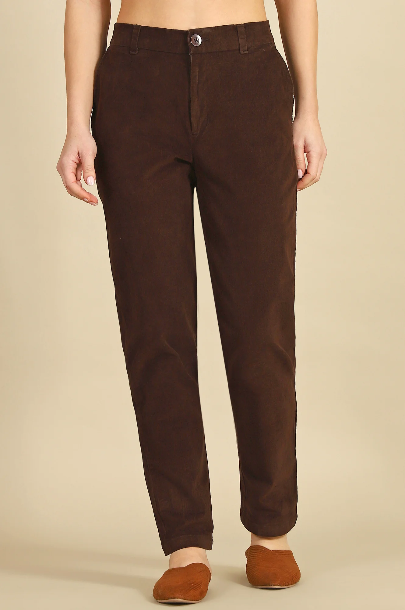Elleven Women's Brown Solid Straight Fit Cotton Pants with YKK Zipper - Image 2