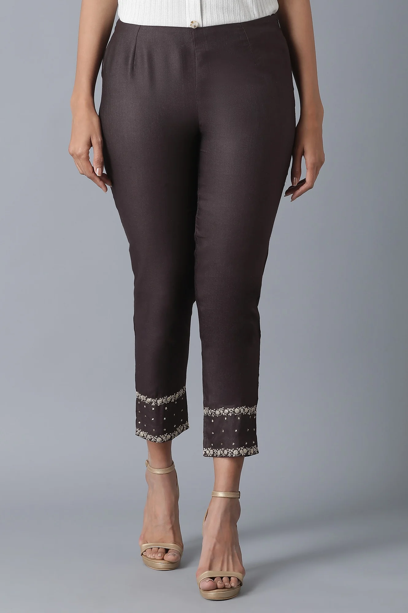 Brown Solid Embroidered Tapered Silk Slim Pants