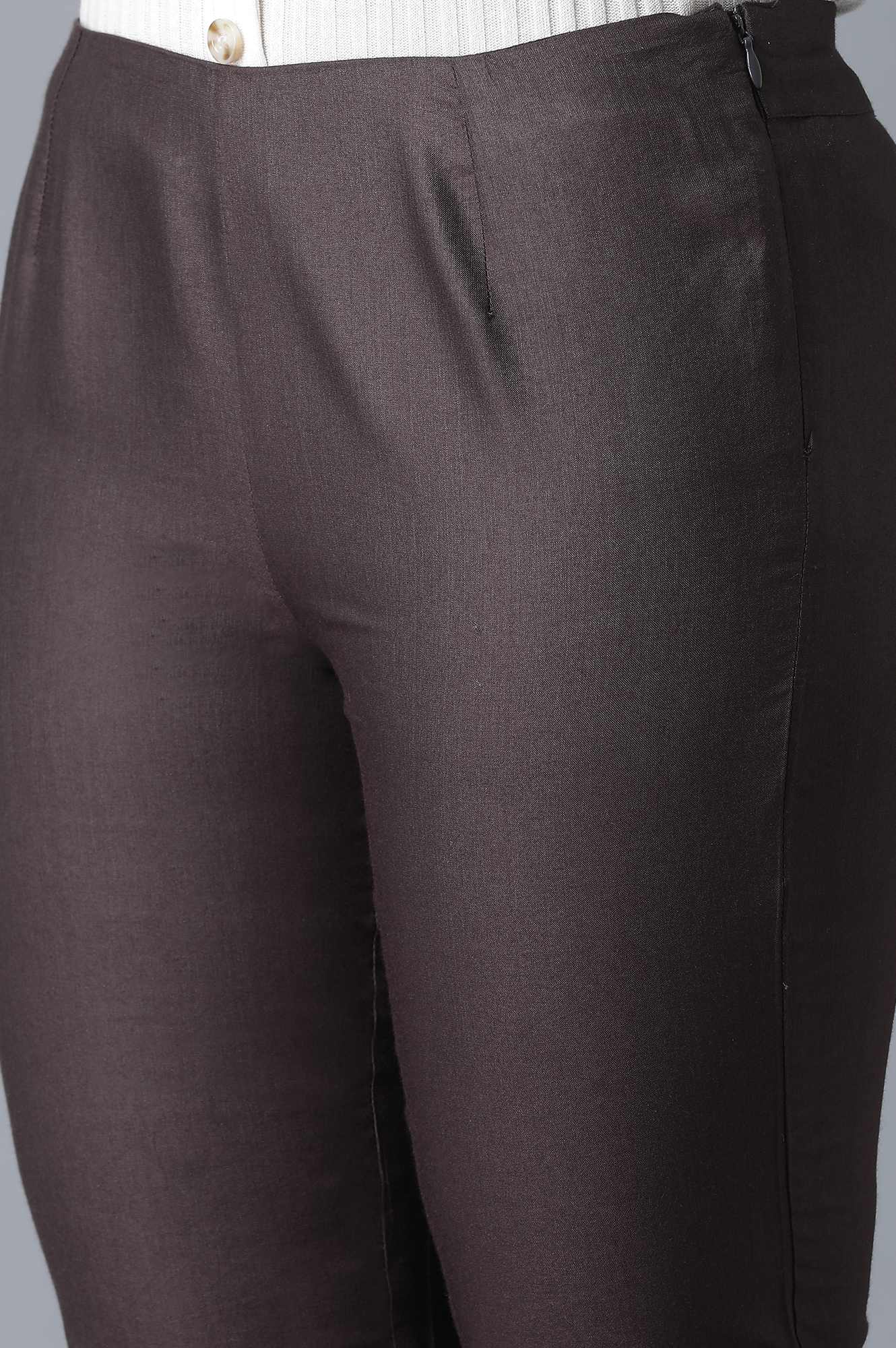 Brown Solid Embroidered Tapered Silk Slim Pants - Image 6