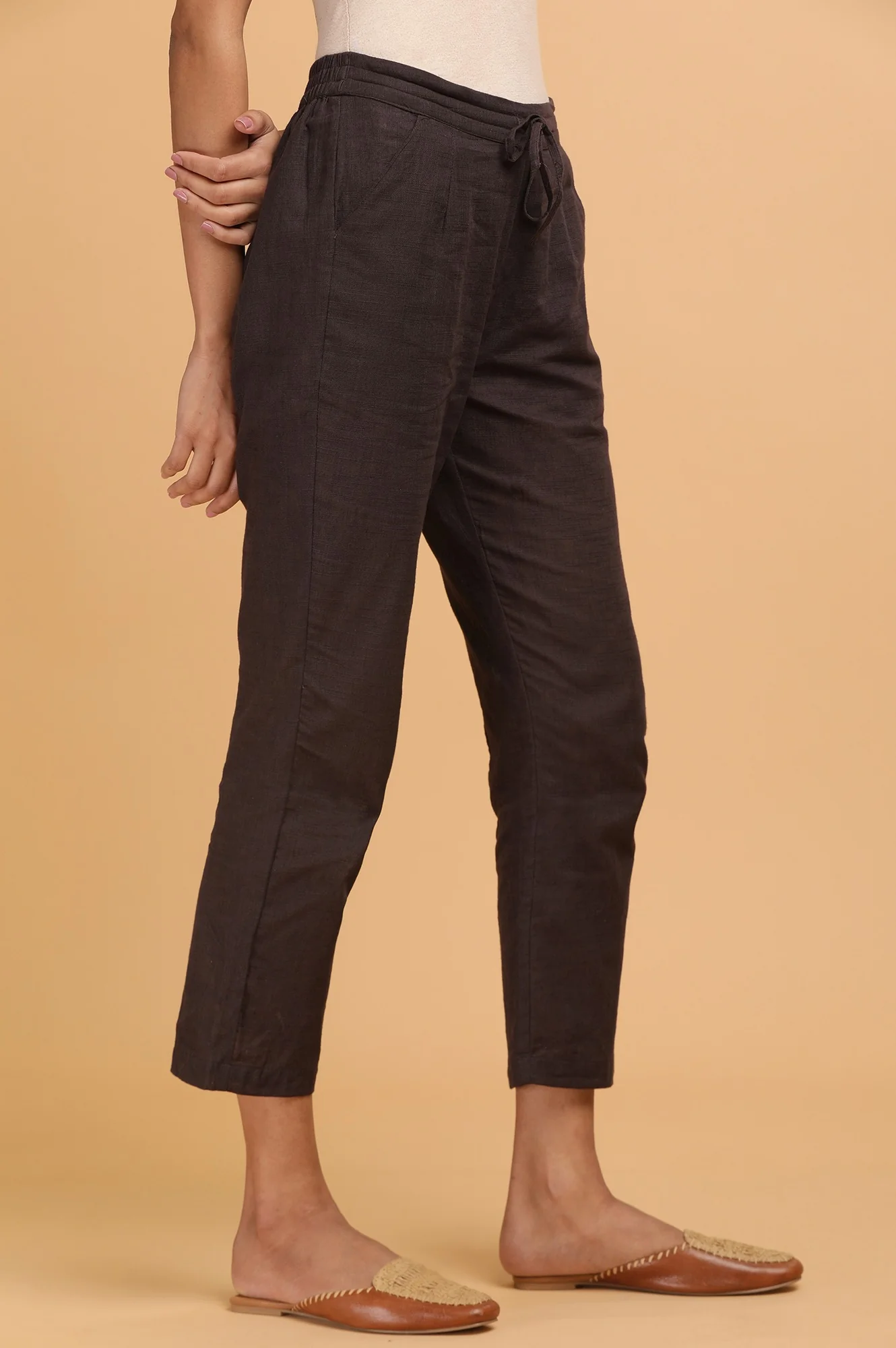Brown Solid Plain Straight Cotton Pant - Image 4