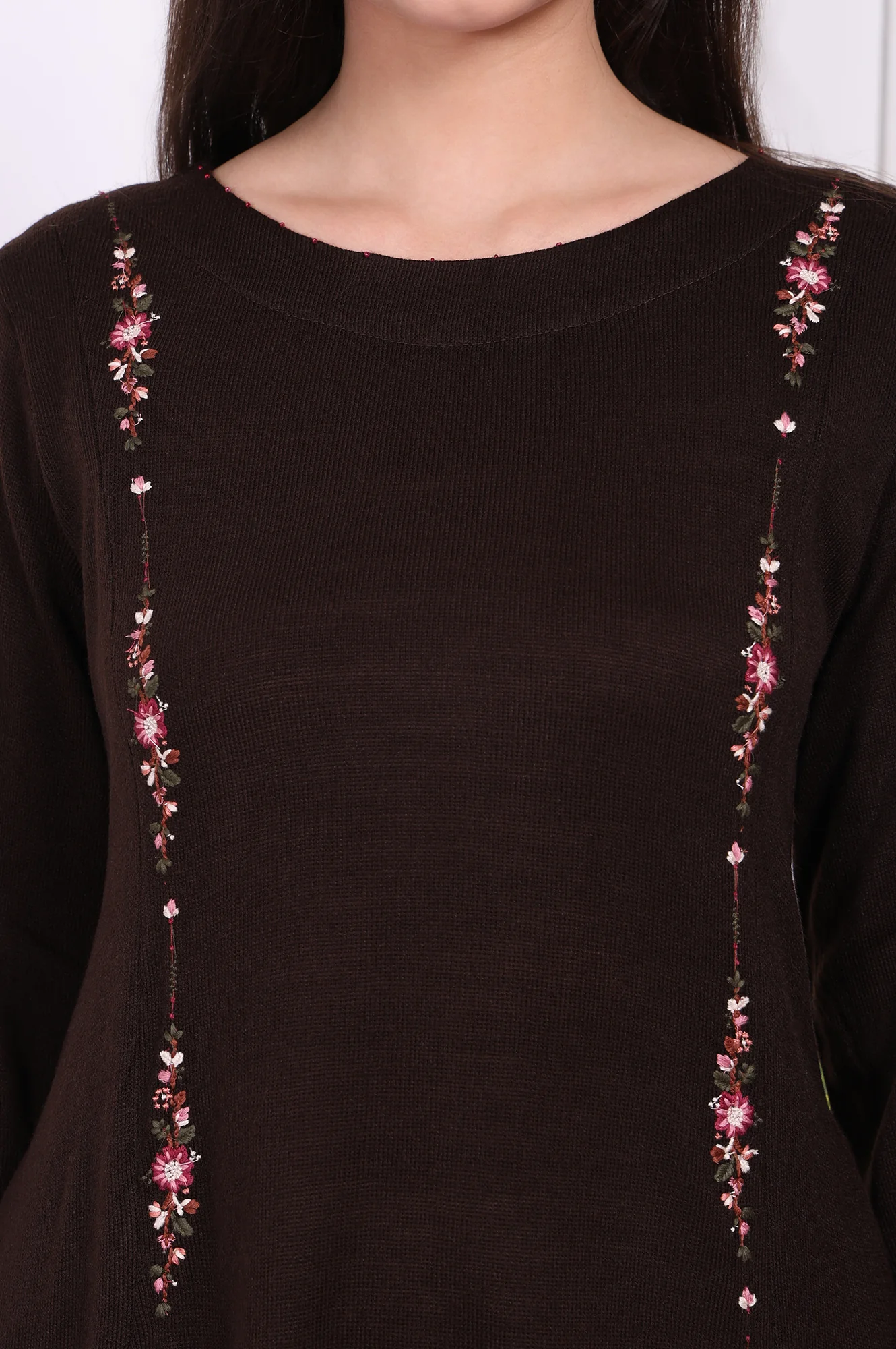 Brown Thread Embroidered Acrylic Flared A-line Kurta - Image 3