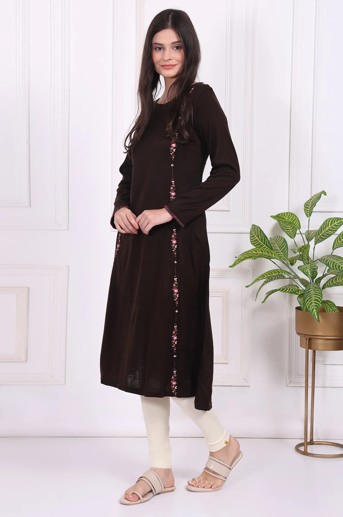 Brown Thread Embroidered Acrylic Flared A-line Kurta - Image 4