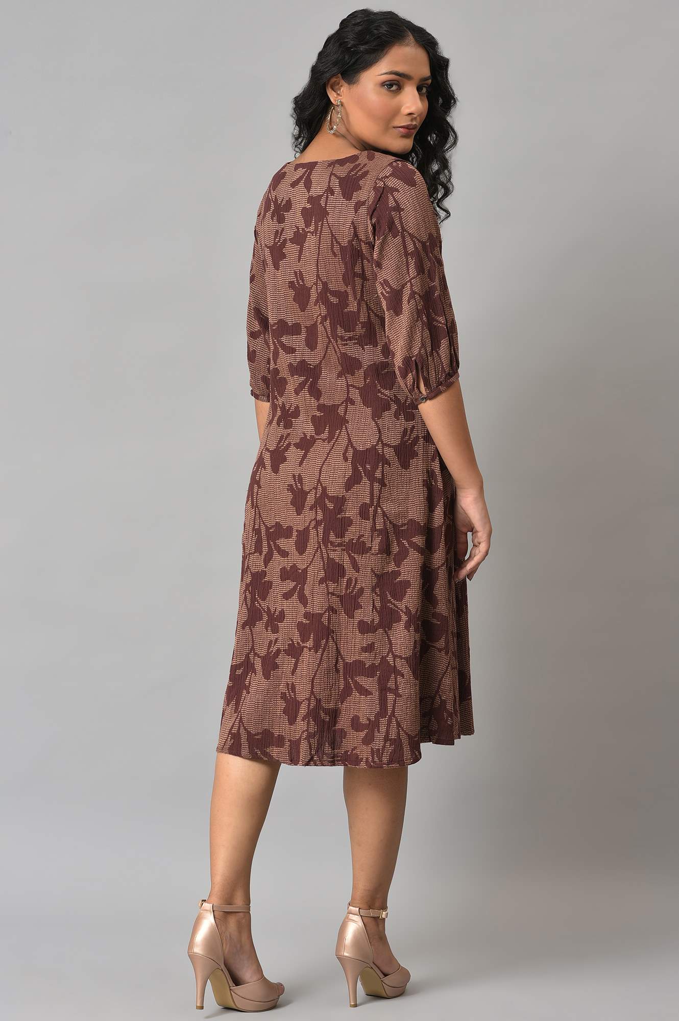 Brown Yarn-Dyed Floral Printed Western Dress - Image 2