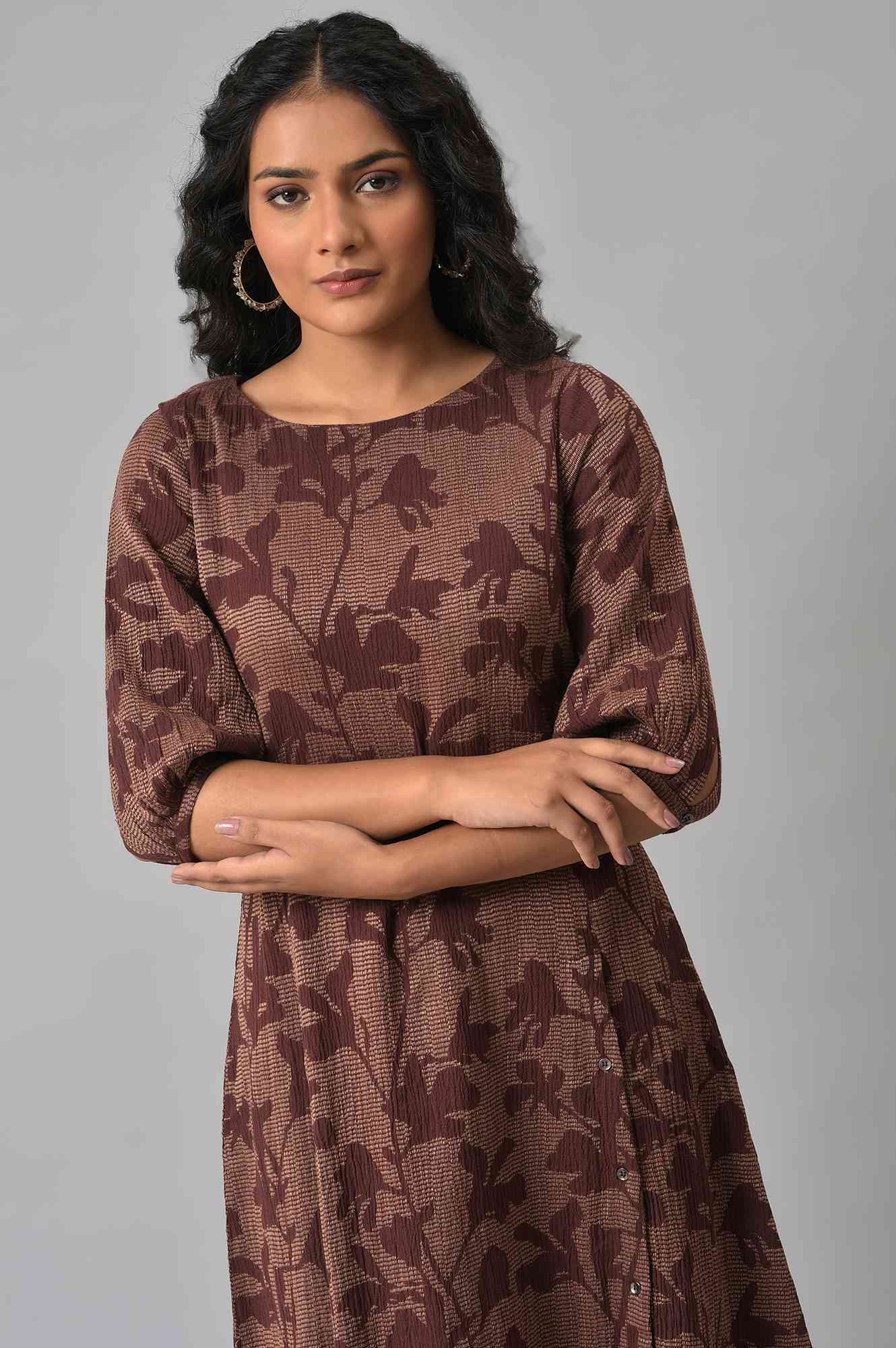 Brown Yarn-Dyed Floral Printed Western Dress - Image 5