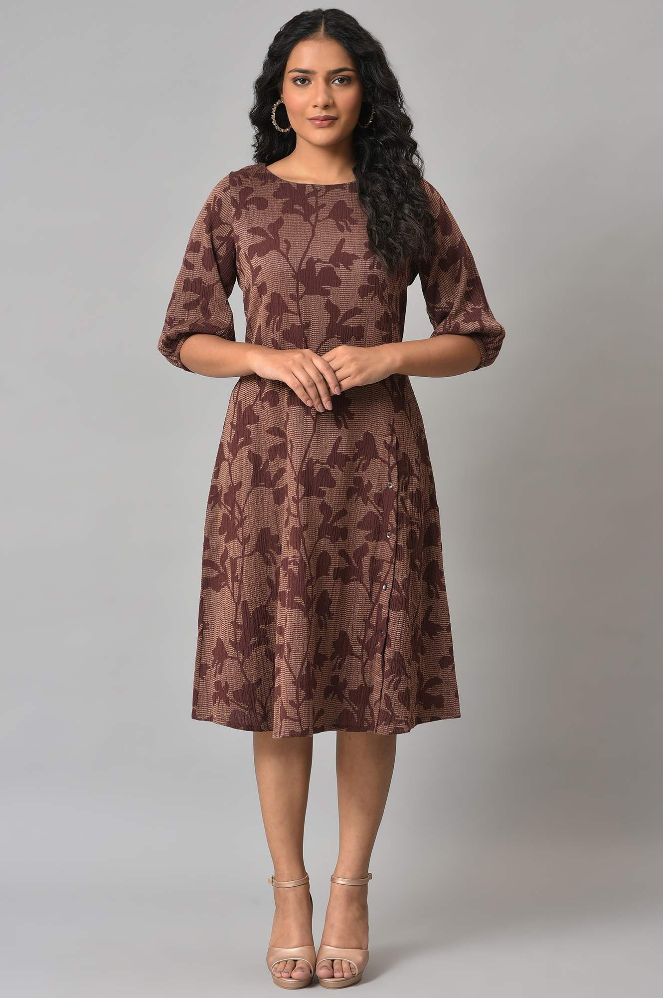 Brown Yarn-Dyed Floral Printed Western Dress - Image 6