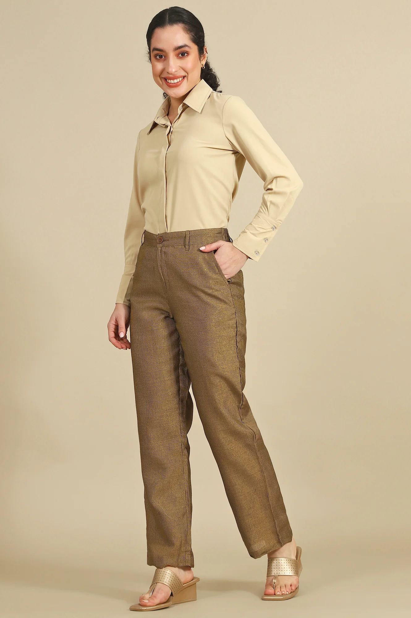 Elleven Women's Brown Yarn Dyed Straight Fit Pants With YKK Zipper