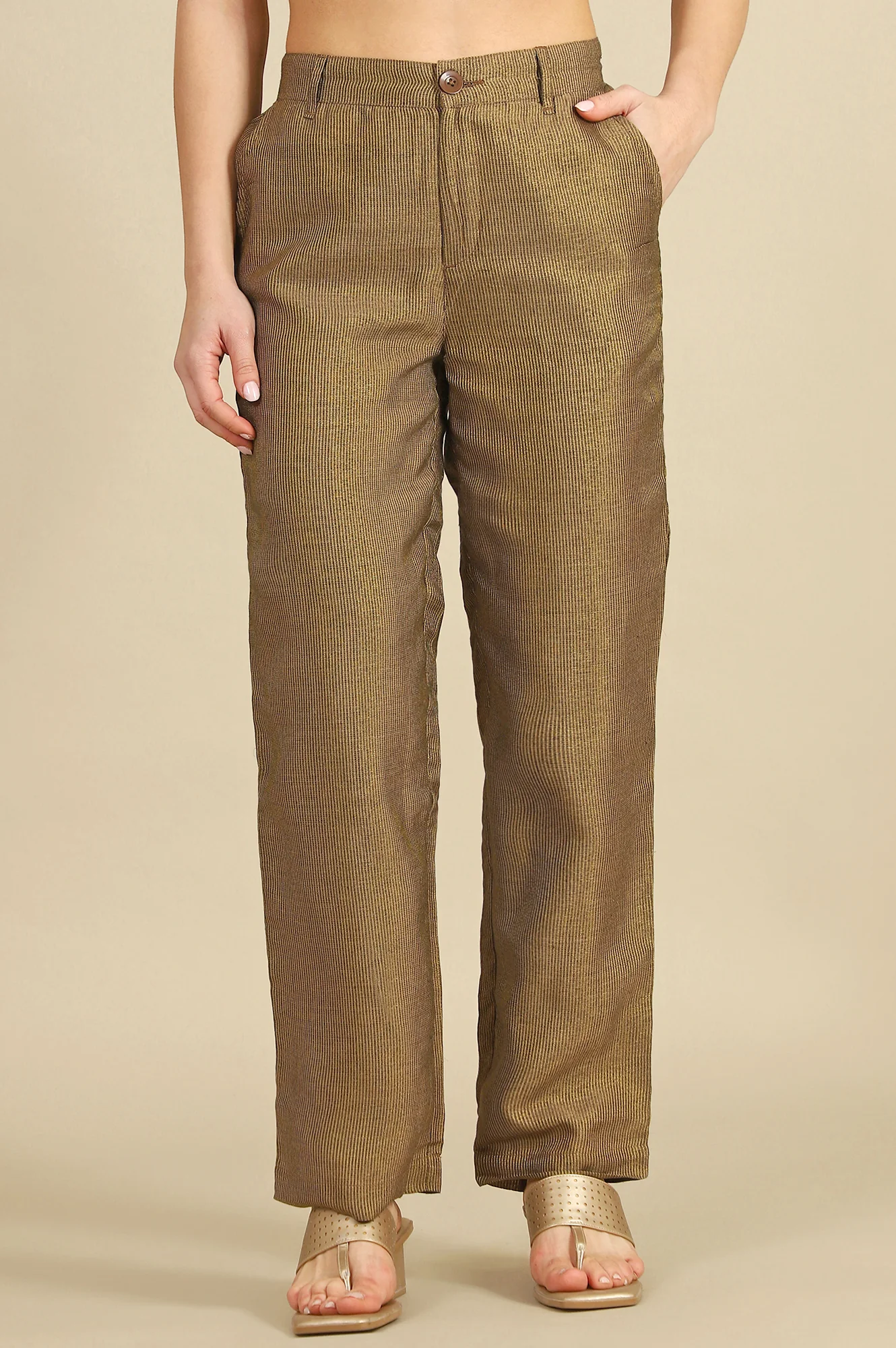 Elleven Women's Brown Yarn Dyed Straight Fit Pants With YKK Zipper - Image 2