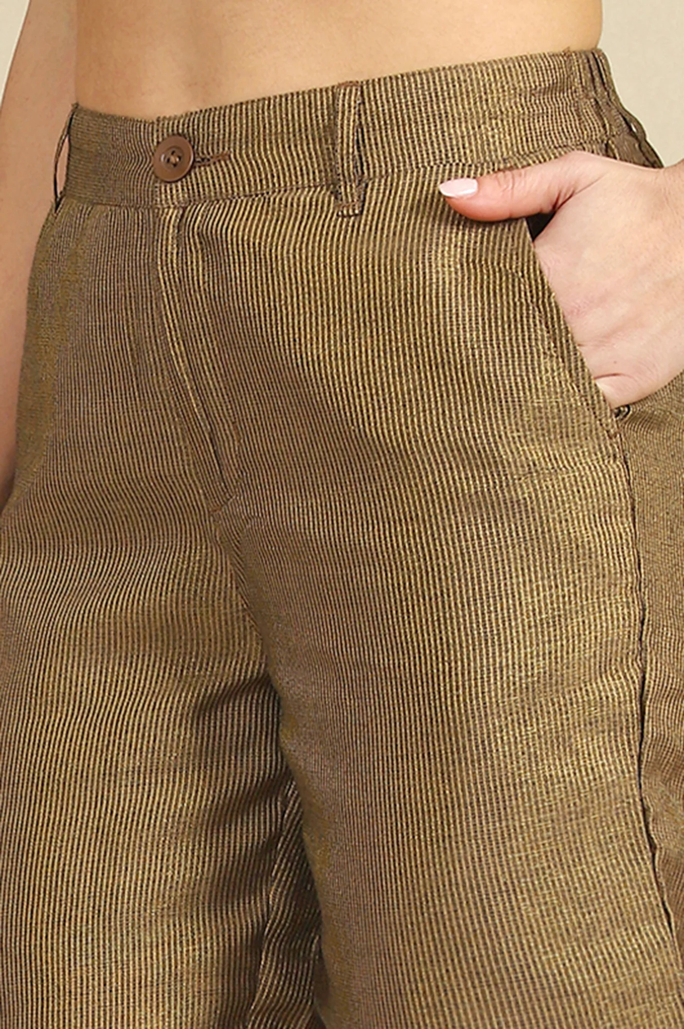 Elleven Women's Brown Yarn Dyed Straight Fit Pants With YKK Zipper - Image 3