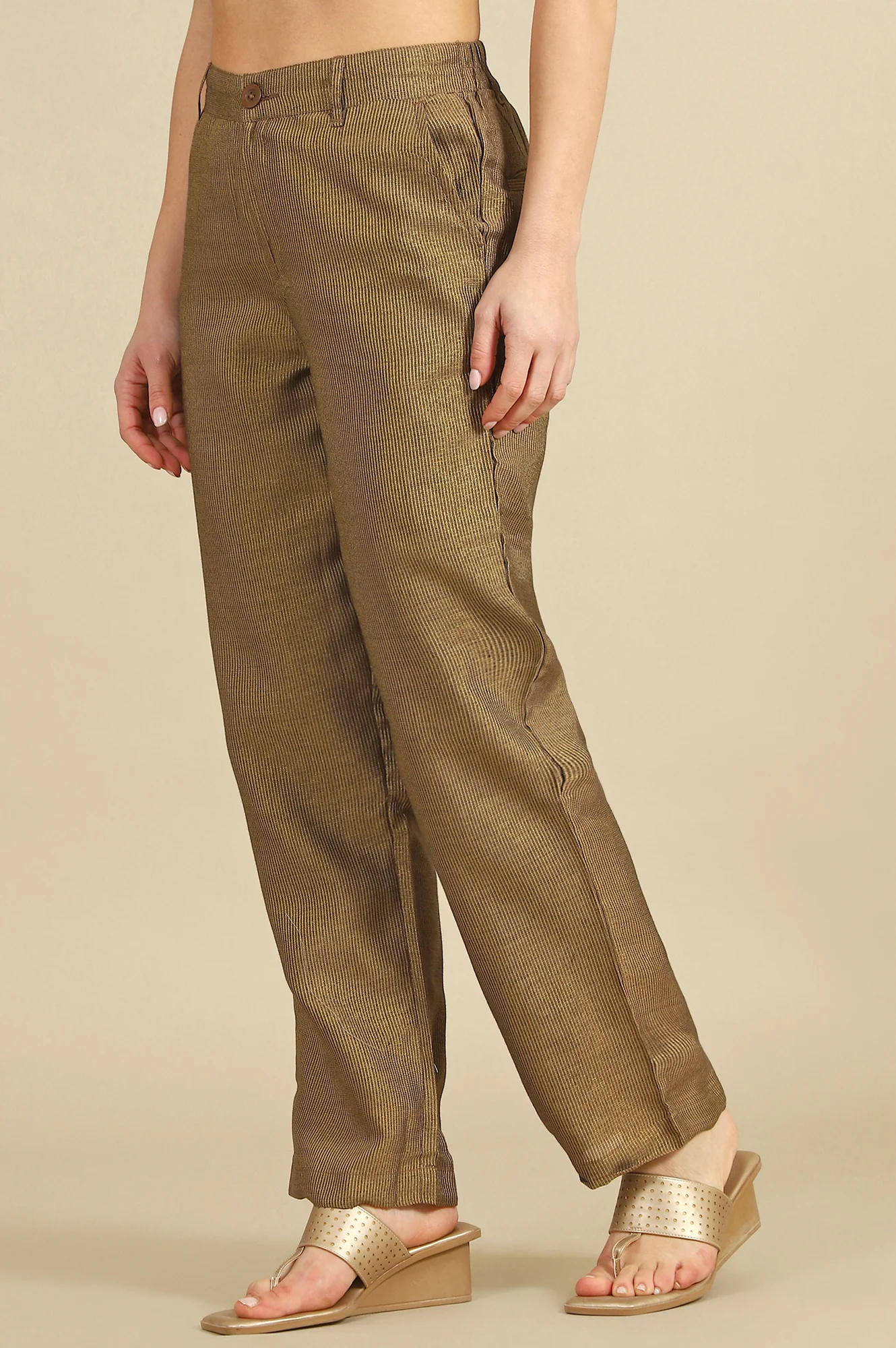 Elleven Women's Brown Yarn Dyed Straight Fit Pants With YKK Zipper - Image 4