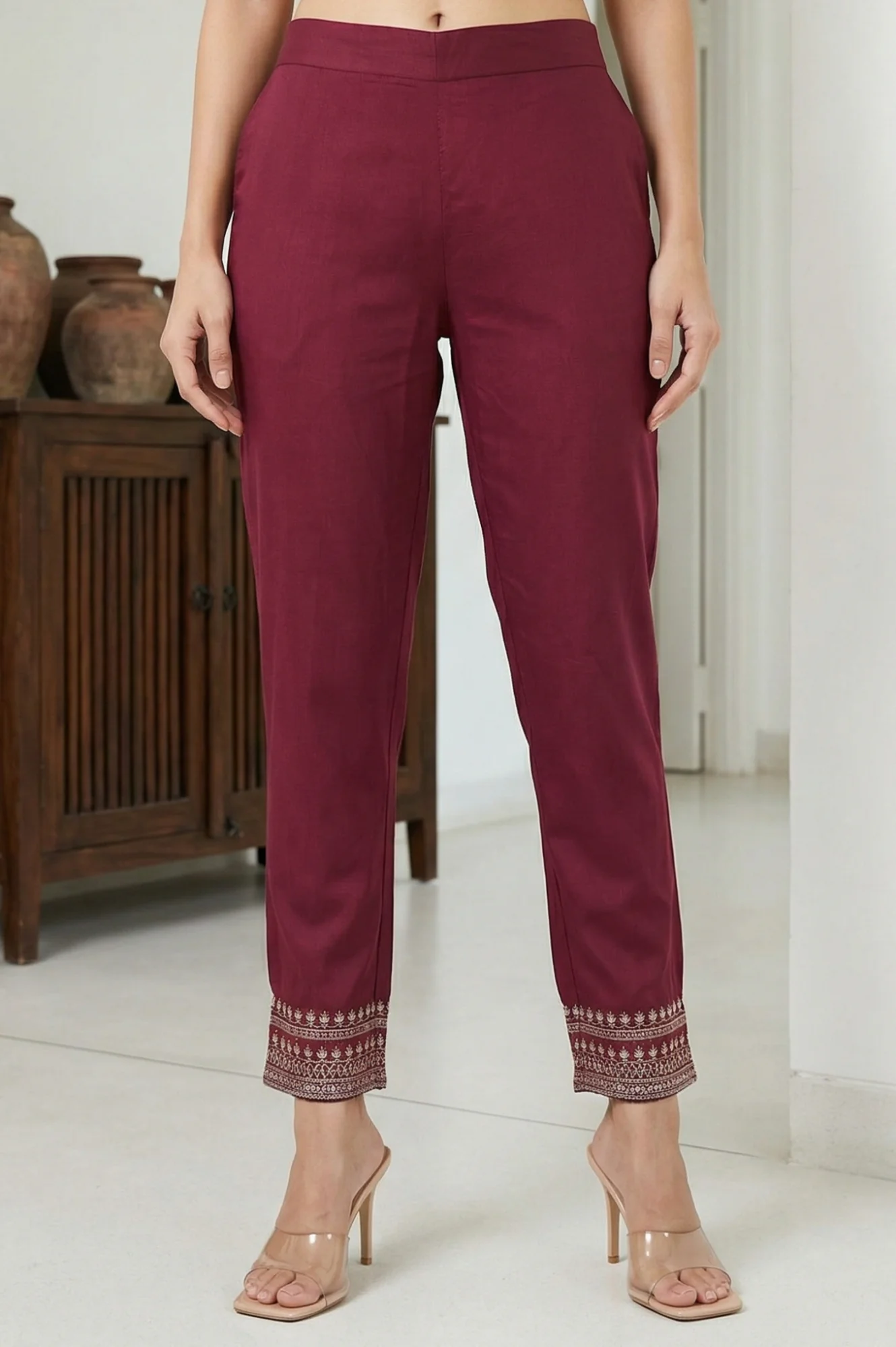 Elleven Women's Burgundy Ethnic Motifs Foil Printed Ankle Length Tapered Trousers