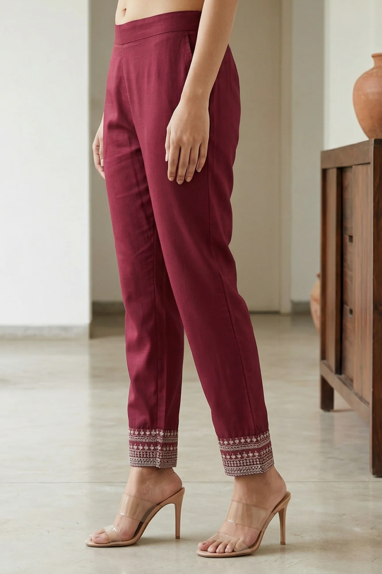 Elleven Women's Burgundy Ethnic Motifs Foil Printed Ankle Length Tapered Trousers - Image 2