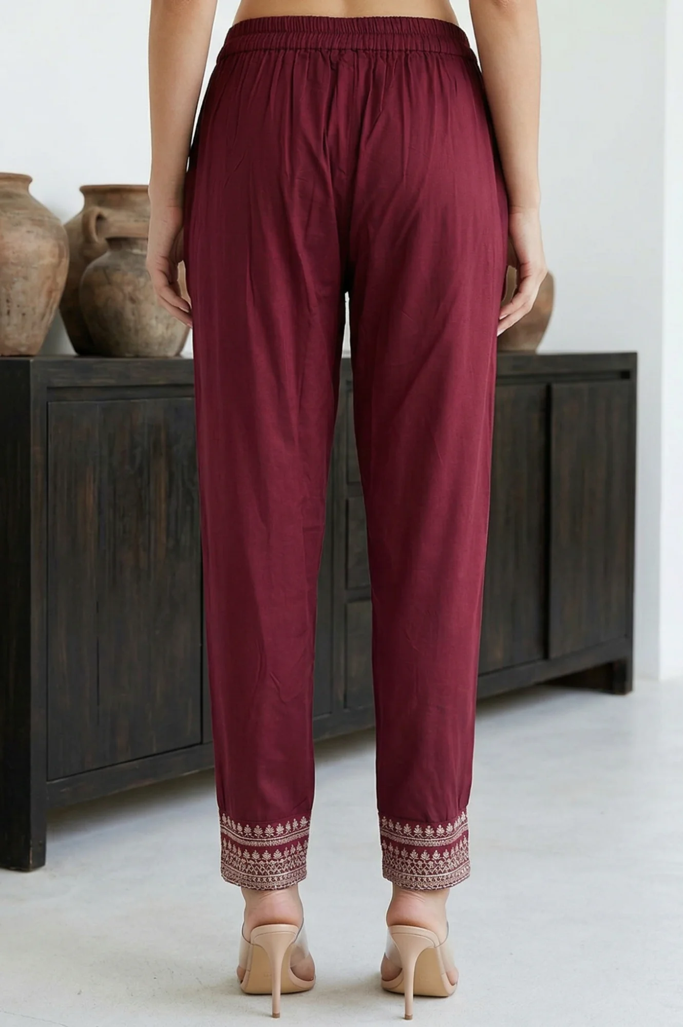 Elleven Women's Burgundy Ethnic Motifs Foil Printed Ankle Length Tapered Trousers - Image 3