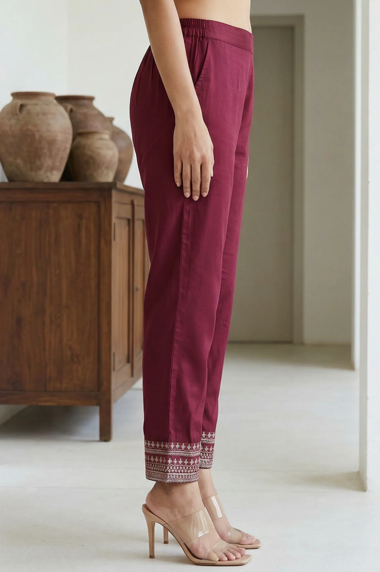 Elleven Women's Burgundy Ethnic Motifs Foil Printed Ankle Length Tapered Trousers - Image 5
