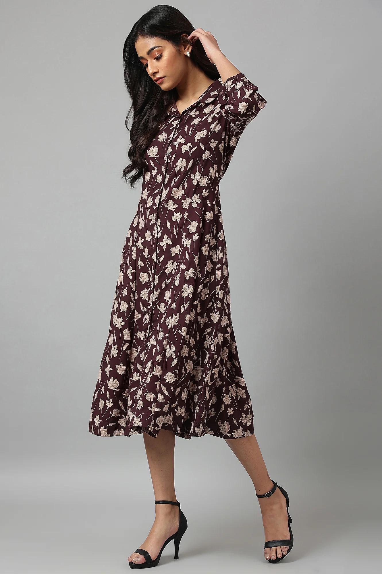 Burgundy Floral Printed Long Shirt Dress - Image 3