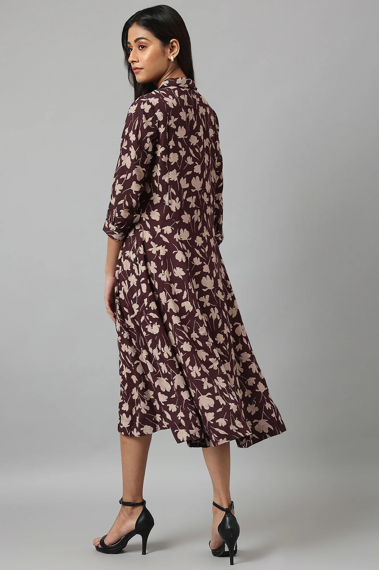 Burgundy Floral Printed Long Shirt Dress - Image 4