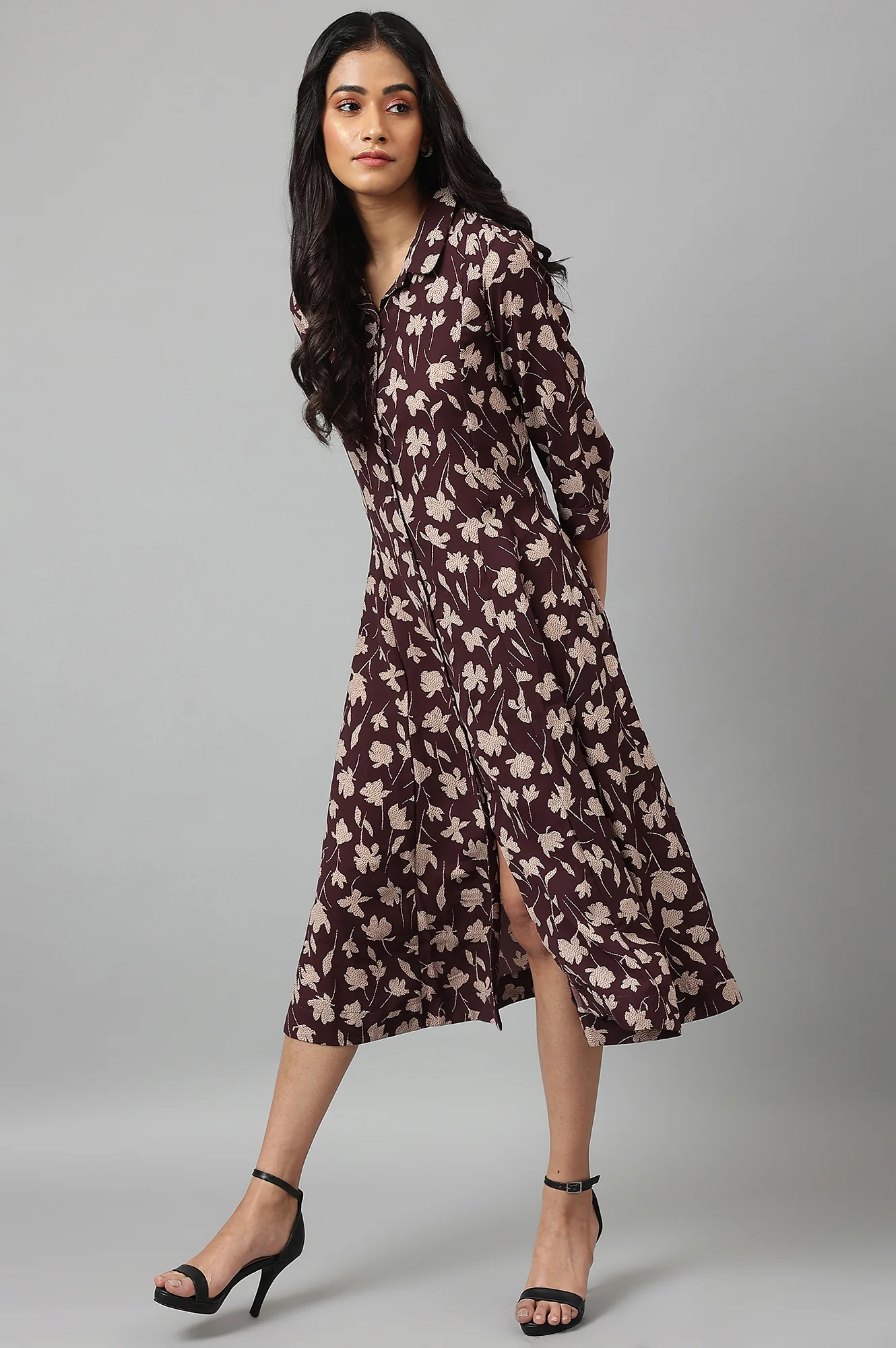 Burgundy Floral Printed Long Shirt Dress - Image 5