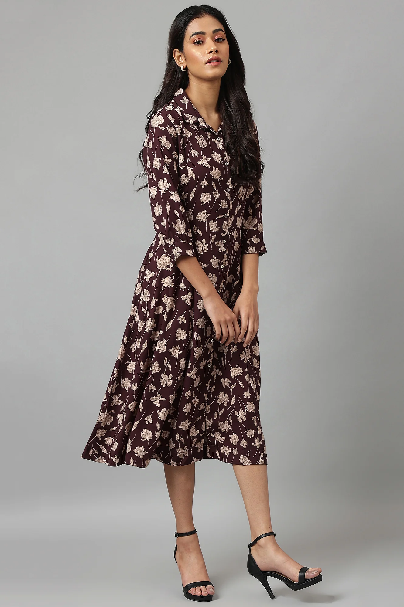Burgundy Floral Printed Long Shirt Dress - Image 6