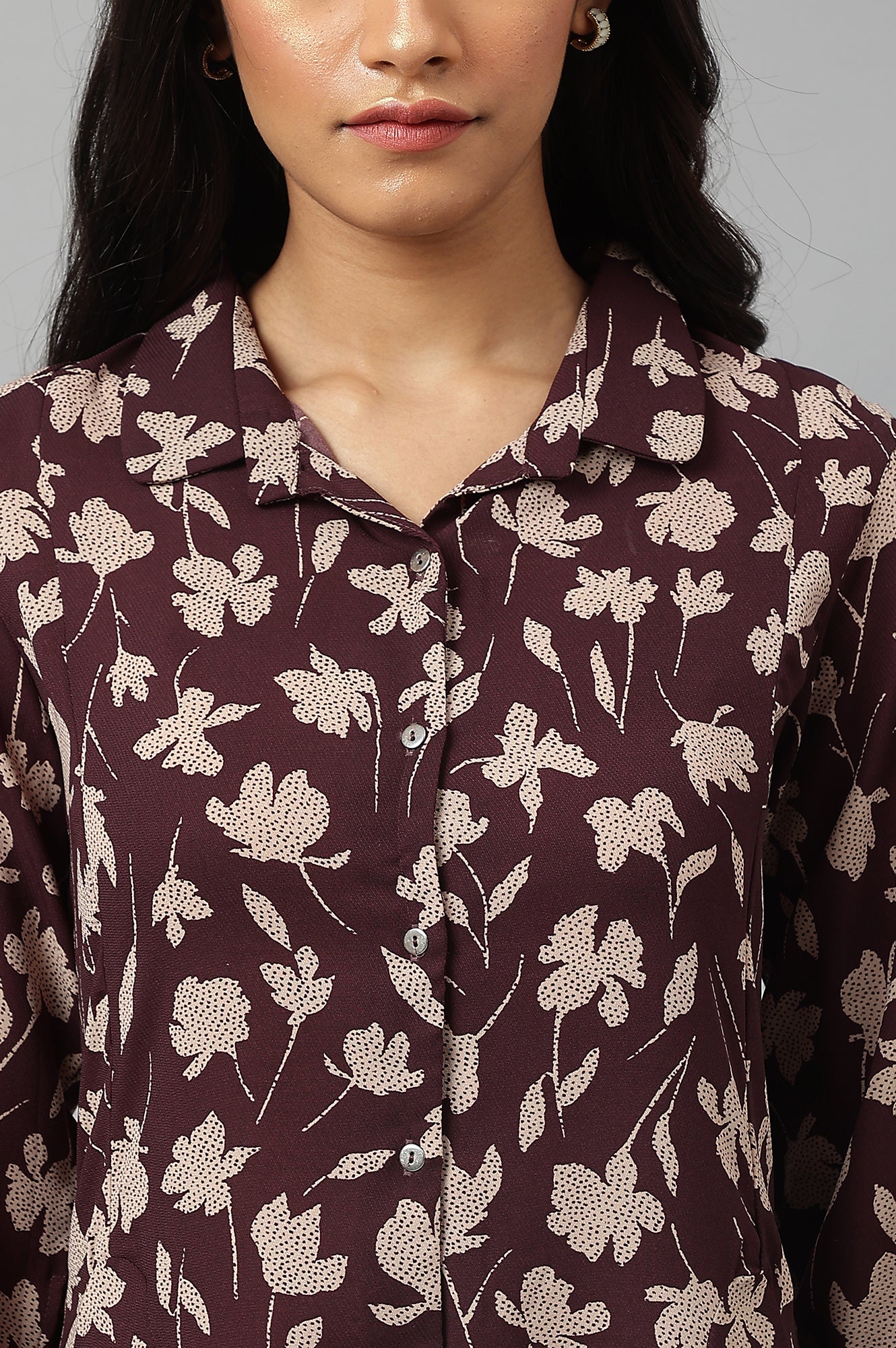 Burgundy Floral Printed Long Shirt Dress - Image 8