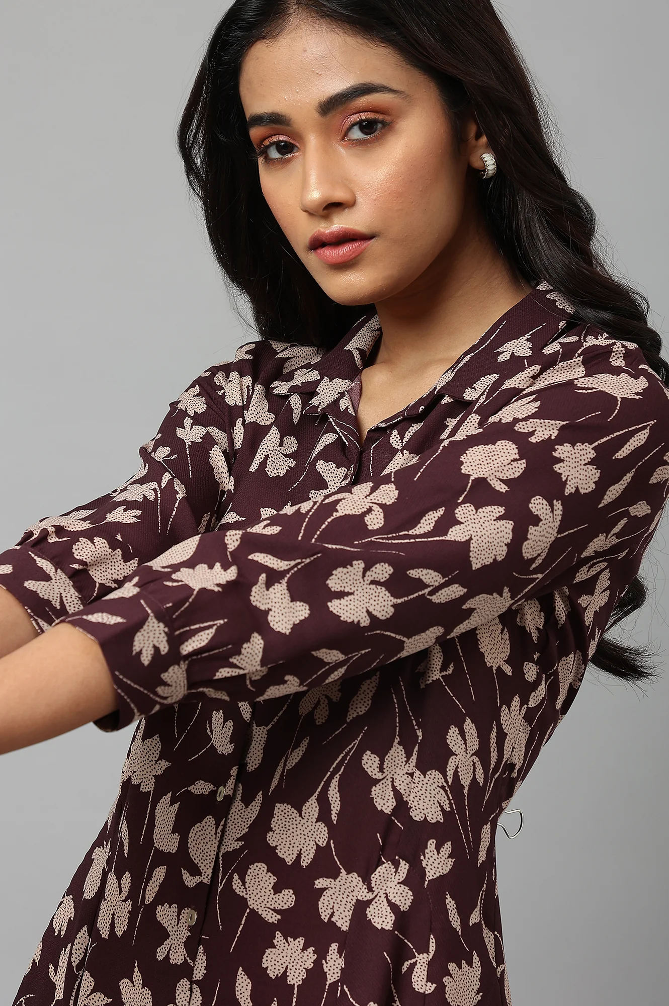 Burgundy Floral Printed Long Shirt Dress - Image 9