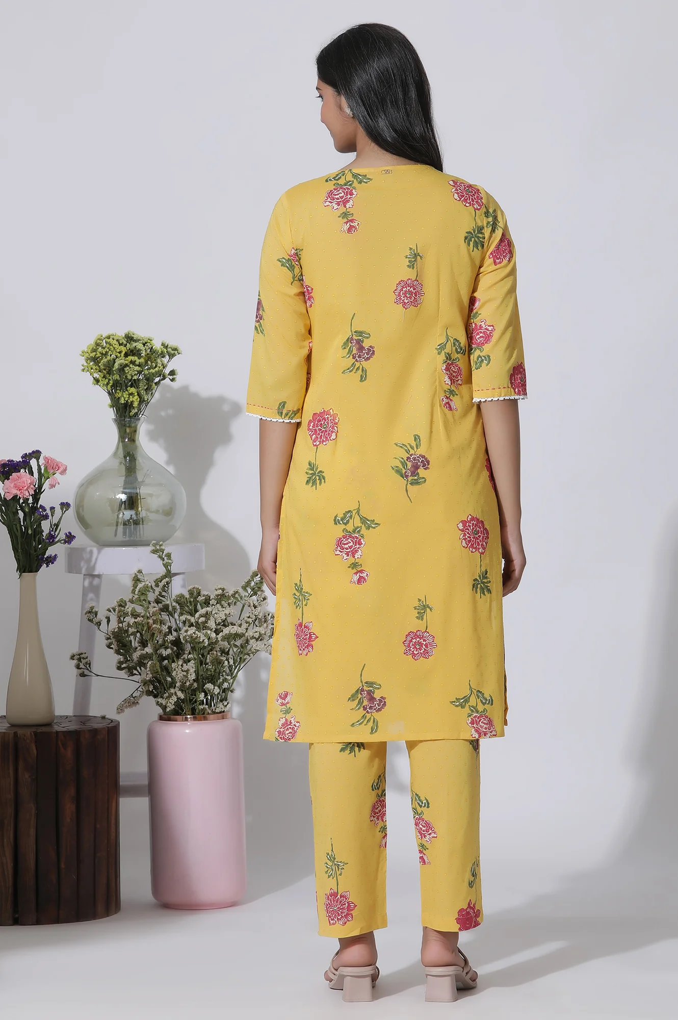 Buttercup Yellow Floral Printed A-Line Cotton Kurta And Pants Co-Ord Set - Image 4